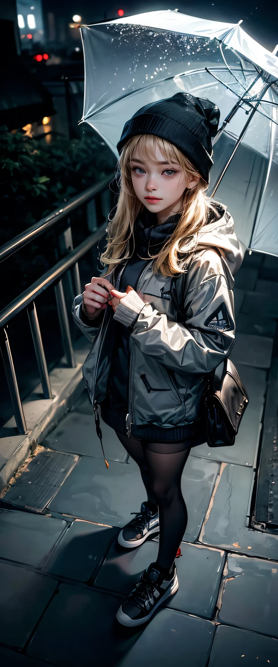 no umbrella, ((masterpiece, highest quality, Highest image quality, High resolution, photorealistic, Raw photo, 8K)), ((Extremely detailed CG unified 8k wallpaper)), Late night convenience store, a young girl stands outside. She wears a beanie hat and rain coat. She looks sad. Pretty, Beautiful young 14 year old, blonde. thin, thigh high socks, adidas samba style sneakers. Seen from above looking down a set of iron stairs, menace, threat, dark, night