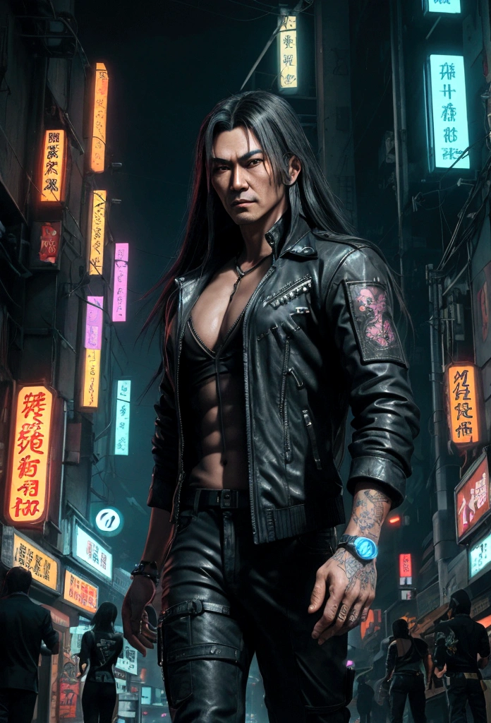 Cyberpunk 2077,  Goro Takemura Cyberpunk 2077, adult male of Asian appearance, about 45 years old, in good physical shape, long black hair with gray streaks at the temples, Japanese, wearing an unbuttoned white shirt and office trousers, long flowing hair, gray hair at the temples, cyber implant on the neck, rain, walking through the city at night, neon signs, cyberpunk, neon, dark atmosphere, cyberpunk style digital art, anime with atmospheric flavors, detailed facial features, detailed eyes and detailed hair
