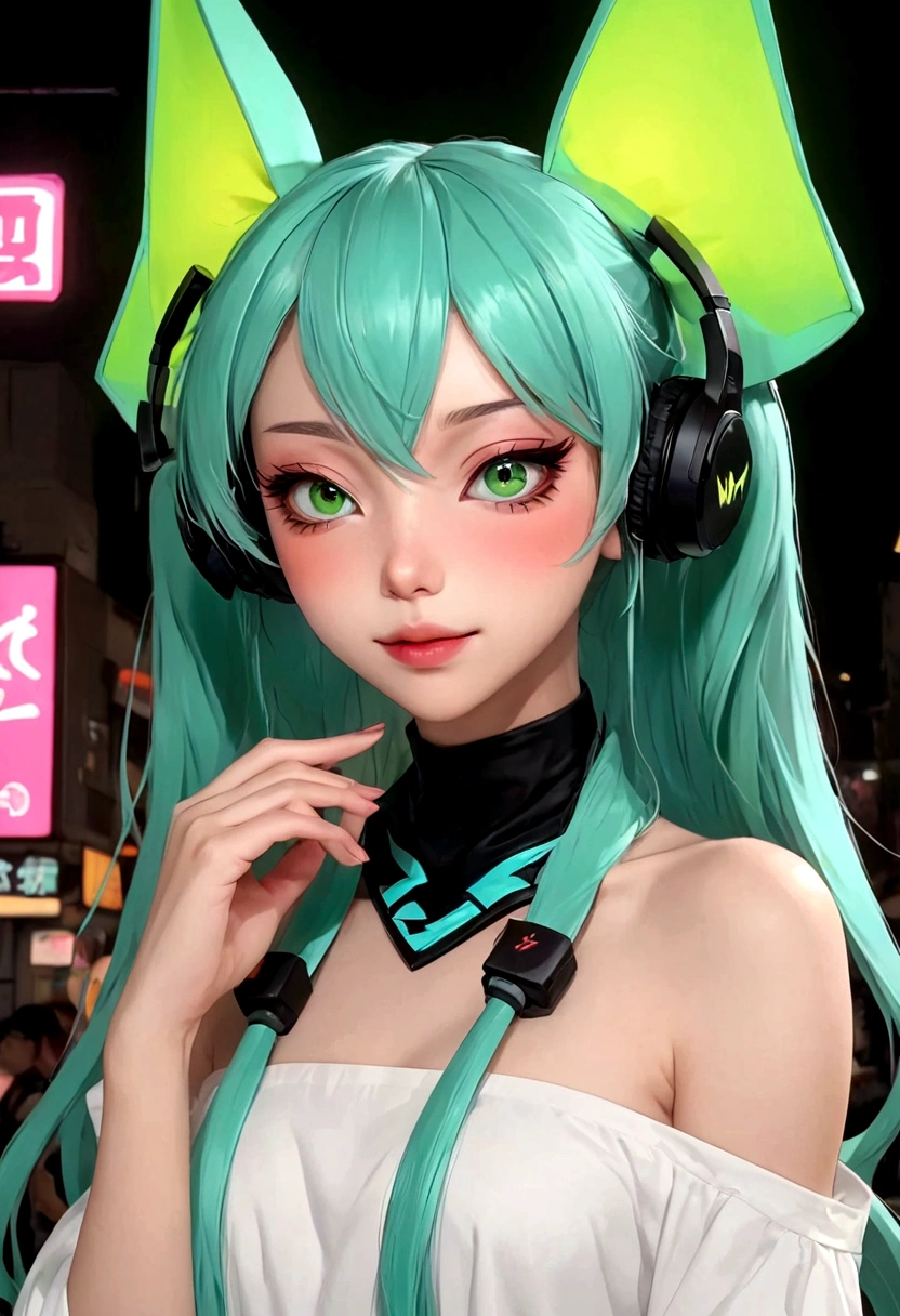 (best quality, sketch:1.2),actual,illustrator,shrew，Japanese cartoons,1 girl, Hatsune Miku，Detailed lips, hand，Off-shoulder， Long neon hair,High ponytail green，masterpiece, The style is vintage, DJ