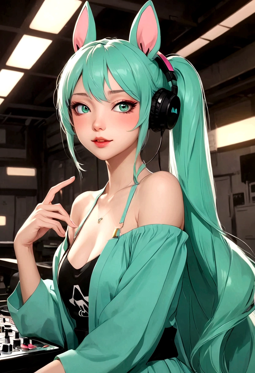 (best quality, sketch:1.2),actual,illustrator,shrew，Japanese cartoons,1 girl, Hatsune Miku，Detailed lips, hand，Off-shoulder， Long neon hair,High ponytail green，masterpiece, The style is vintage, DJ