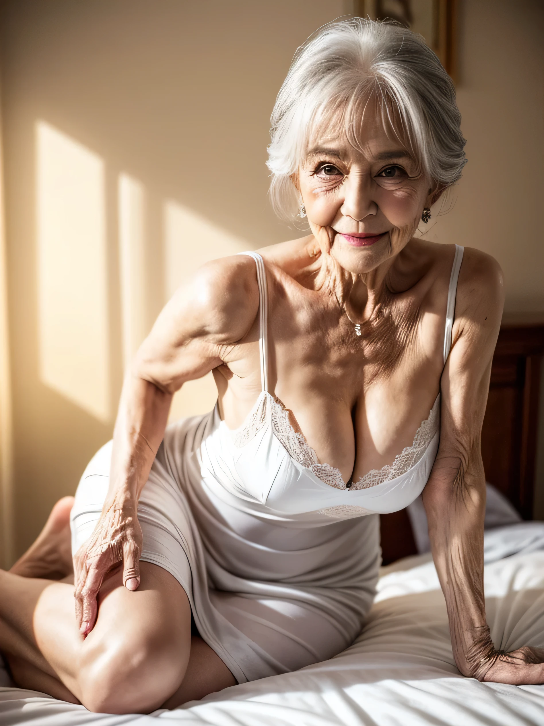 Beautiful elderly woman, Full body image,cute,sexy,80 years old,,sexy,Mini dress in white, old woman,Big Breasts,