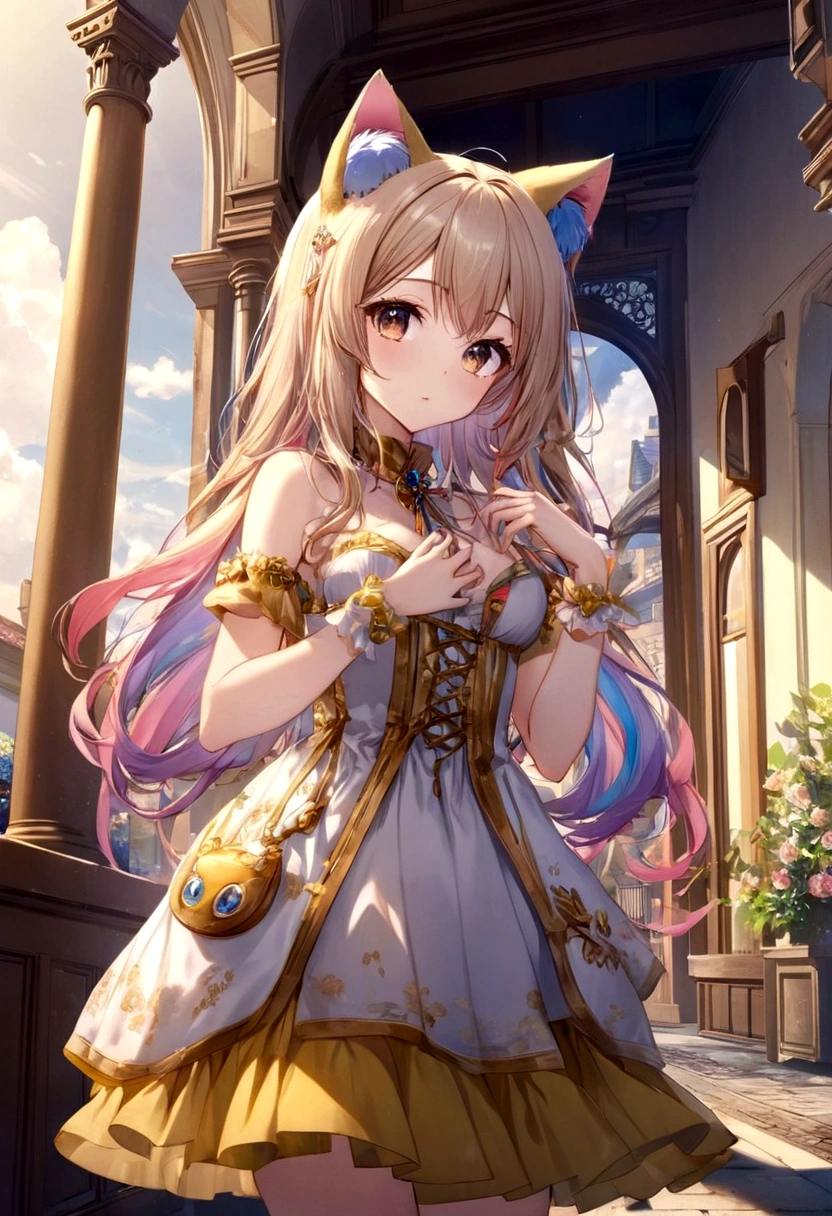 anime girl, rainbow cat ears, long hair, beautiful clothes, Gouvez style, 4K Clarity, cg station pop, Antique architecture, Seductive Girl, attractive, genshin keru, animation style, 8K, beautiful anime girl, Girl Front. Lotto winning. Delight. Golden.
