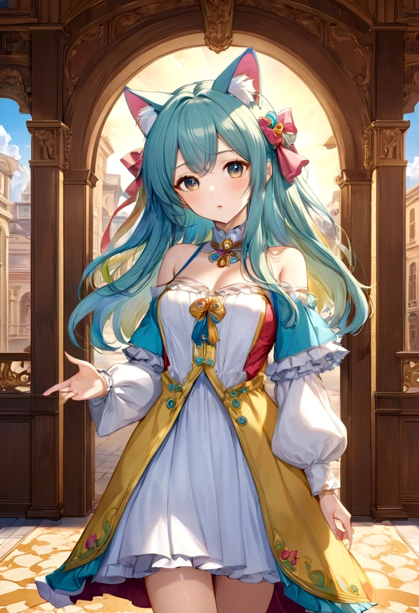 anime girl, rainbow cat ears, long hair, beautiful clothes, Gouvez style, 4K Clarity, cg station pop, Antique architecture, Seductive Girl, attractive, genshin keru, animation style, 8K, beautiful anime girl, Girl Front. Lotto winning. Delight. Golden.