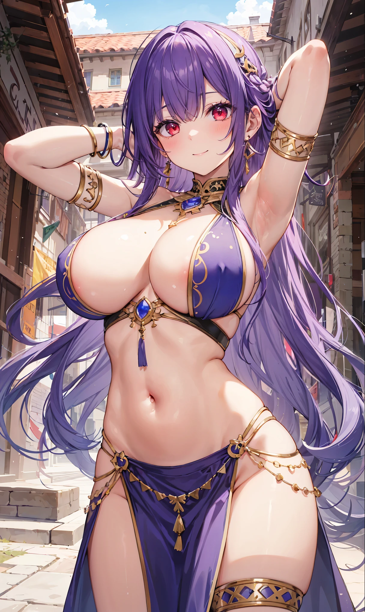 high quality, ultra detailed, best quality, insanely detailed, beautiful, masterpiece, 1girl, medieval plaza, cowboy shot, red eyes, long hair, purple hair, belly dancer, circlet, earrings, armlets, bracelets, bashful smile, large breasts, cleavage, soft stomach