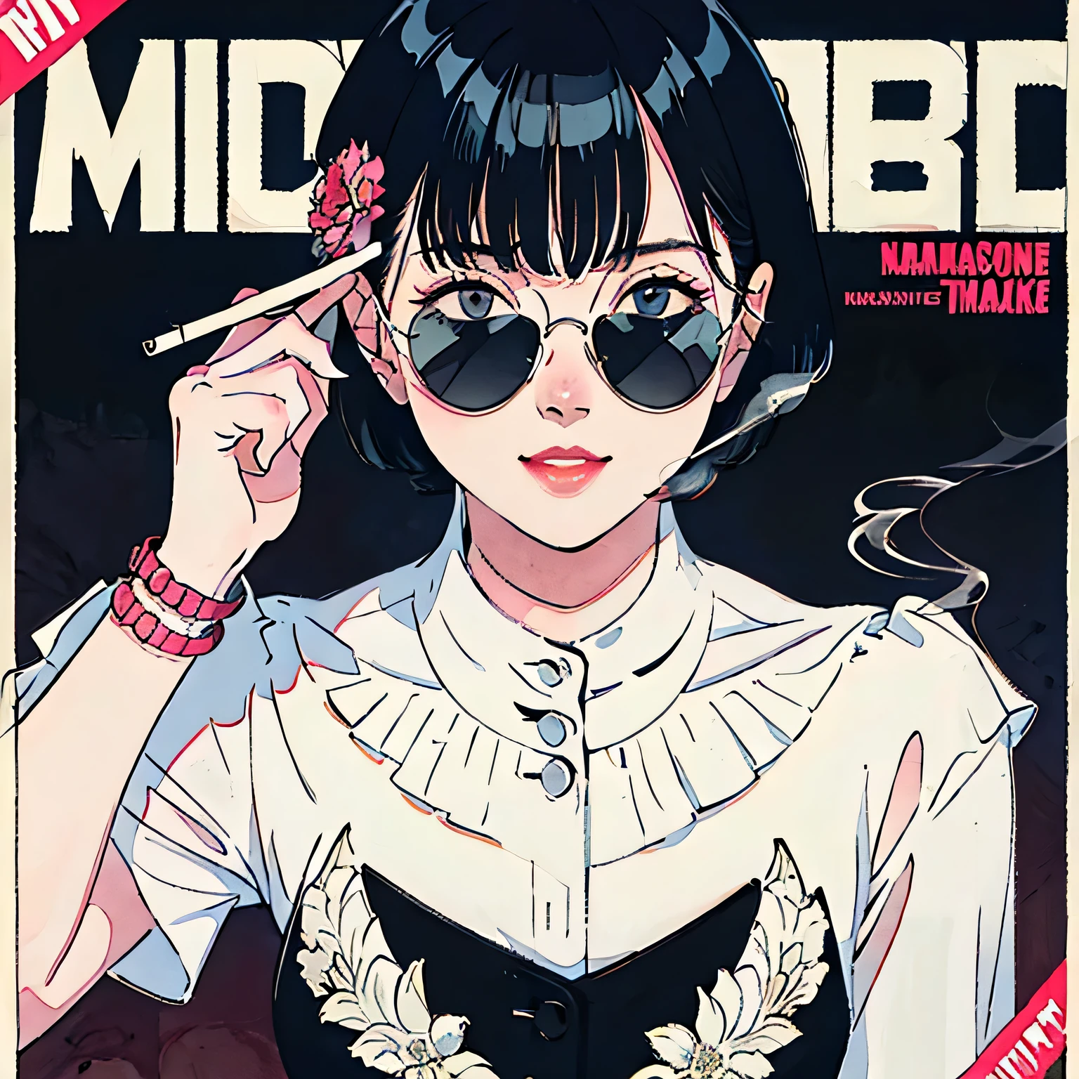 short hair, Magazine Cover, A kind smile, lipstick, sunglasses, Smoking white Taylormade cigarettes, Neon Black,masterpiece, highest quality,