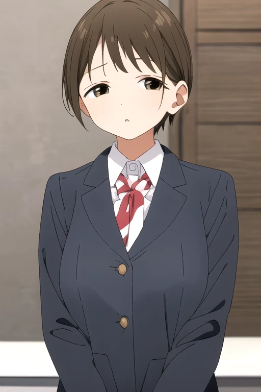 masterpiece, High resolution, One Girl, Brown eyes, Brown Hair, KeiTanigawaR4, , Simple Background, Upper Body, White Background,(Huge breasts:1.8)、White shirt、Red tie、Navy Pleated Skirt、Straight bangs、Wear a navy blue blazer unbuttoned