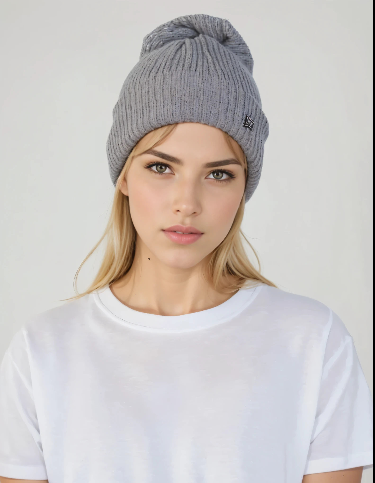 a woman wearing a white shirt and a gray hat, gorro hat, knit hat, gorro, wearing gorro, wearing a gorro, cap de meia, with black gorro on head, he also wears a grey gorro, wearing wool hat, roupas cinza, cap, foto do produto, Aleksandra Waliszewska, retrato de alta qualidade, com cap de rap na cabeça, perfeitamente equilibrado