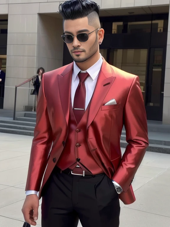 Asian man,looking at camera, Wear a red formal dress,A well-maintained model, Profile picture, Aravbai man has a round face., Mohawk haircut,Clean and tidy, Wear a suit and tie with a shiny metallic belt., Very handsome, very realistic, highly realistic detailed face, realistic detailed face, One realistic face, With a very detailed face., Male characters, 3D demoreal avatar, Faces with realistic details, Realistic art style, 8k highly detailed face, realistic human, Realistic perfect face,