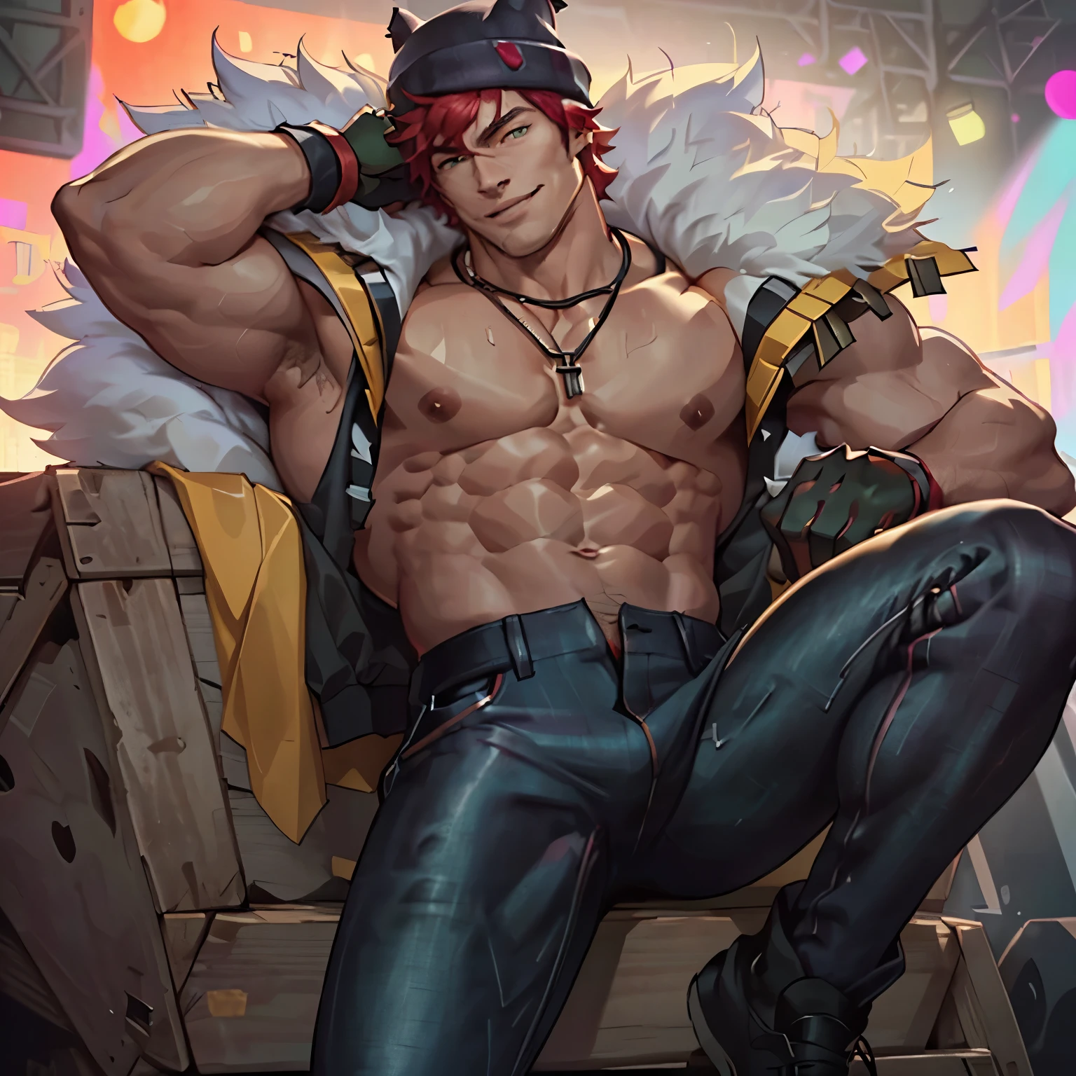 ((the best quality)), ((Masterpiece)), (details), perfect face, high definition, Masterpiece,4k,details clearly, Handsome face, white skin, perfect body, male body, strong muscles, abdomen, Green eyes, white skin, The most handsome man in the world, handsome, The coolest face, Male characters, close image (1man, shirtless), young man, Extremely muscular tall man, open your eyes ((detailed eyes)), huge, muscular body and Massive, bulging pecs, muscular abs, narrow waist, short hair, energized big eyes, carefree expression, clear face, handsome (detailed face, perfect face) ((extremely realistic shadows, bodybuilding posture, human, V shape, Shirtless, lower pants, topless, close up look, CG sense, Textured skin, the best quality, Storytelling images, lower your pants, show Panty line, Show your abs, show arm muscle, Red hair, shining Green eyes, eyes contact, Stage light, Black tight pants, fashion necklaces, black gloves, wool hat, Panty line((in the pants)), performing, Black gold jacket((sleeveless)), white fur on shoulder, Super Star, energized face Smile, punching, set up, Sett