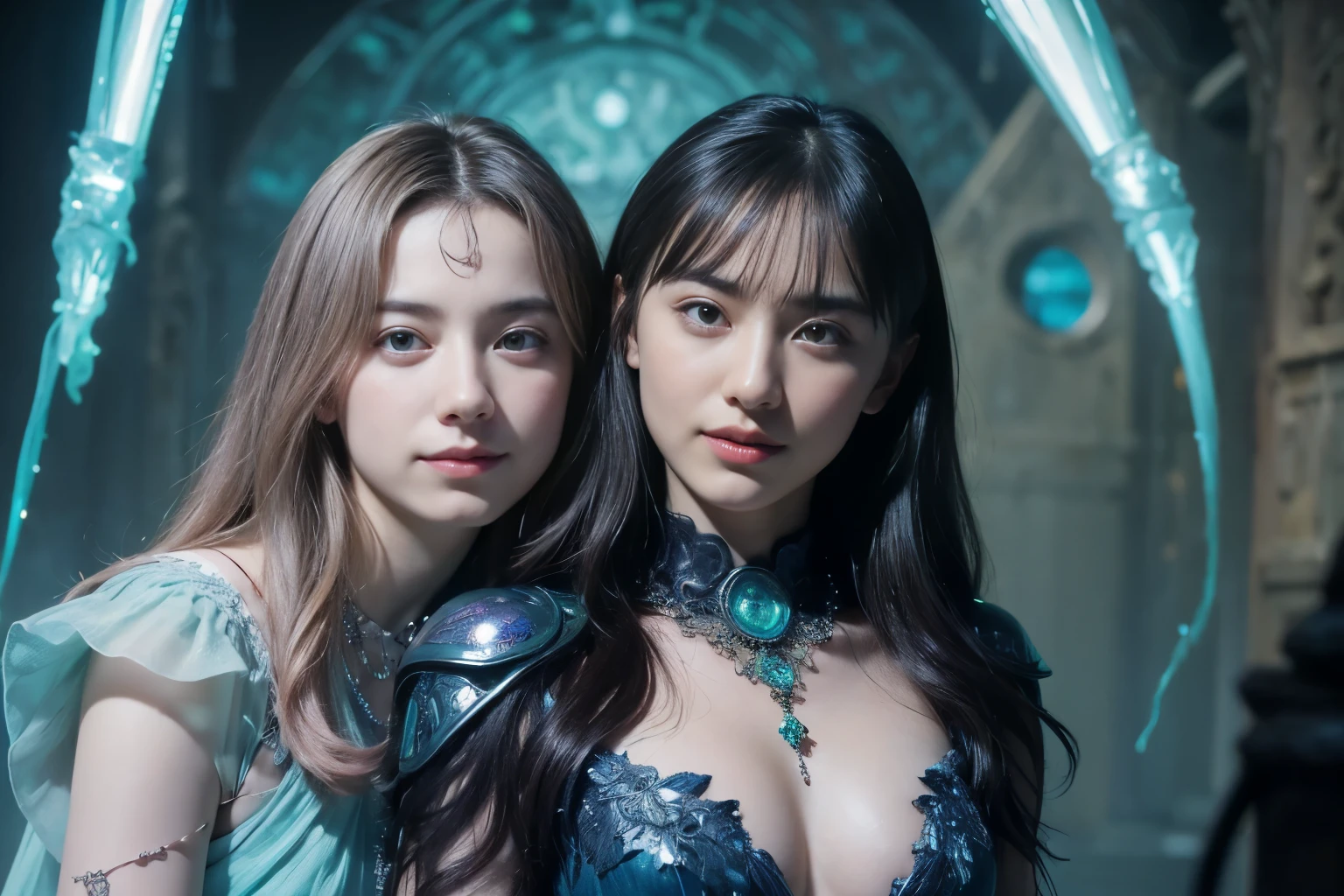 (Two beautiful age italian girls:1.6), Close friends, (They are hugging each other:1.2), Kiss her cheek or chest,(Detailed iridescent bodysuit with beautiful fractal or marble design:1.5), Incredible and spectacular scenes, ((High quality)), ((Detailed)), ((Fantasy)), Blue Plasma Brain, Green Plasma Body, Vulgarity, beutiful breast, obscenity, (Lewd smile:1.2), coarse, Obscene, mean, (raunchy:1.2), (Immoral:1.2), Lachish, (small breasts with beautiful raised pink areolas,,:1.5), (Cameltoe), (Expression of ecstasy:1.2), Photorealistic, Official art, unity 8k wall paper, 8K Portrait, Best Quality, Very high resolution, (Incredibly beautiful nature background:1.6), (18 years old:1.5), (Sexy and glamorous:1.1), (A coquettish expression:1.6), (seductively smiling:1.6), (erotic posing:1.9), (Model Posing:1.8), Beautiful seductive face, Portrait, (Thick eyebrows:1.4), (Big scarlet eyes:1.2), Beautiful eyes with fine symmetry, (Ultra detailed eyes:1.4), (High resolution blue eyes:1.1), Intimate face, (ultra detailed skin texture:1.4), White skin, pale skin, Perfect Anatomy, Thin, (Beautiful toned body:1.5), Hair Bow, (Moist skin:1.2), No makeup, (dark circles:1.1), Good anatomy, Focus Face, good-looking, (Emilia Clark:0.6) (Emma watson:0.3),(Jennifer Connelly:0.4), (sensual face:1.5), Elegant face, Nice, Dolce, (Around her neck is a simple necklace of exquisite workmanship), (Bioluminescence with brilliant brilliance:1.4), (Luminous magic circle:1.5), Ruins of an ancient castle, Shining majestic cloud masses and sky, lightning bolt, Epic Realistic, (Greg Rutkowski:0.8), (teal and orange:0.4), (Art Station:1.5), Cinematic, (nffsw:1.5), Hyper Detailed, Dramatic light, (Intricate details:1.1), Beautiful black hair, (Wearing a gauntlet with a dense and very beautiful design decorated with jewels:1.1),