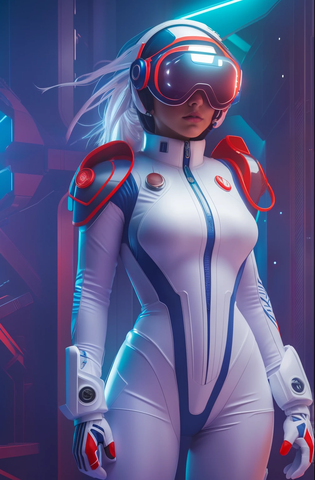(best quality, ultra-detailed, realistic:1.37), Futuristic mariner girl, white zero suit with a blue sailor collar, puffy red air-filled vest, blue boots and white gloves, VR style goggles, vibrant colors, sharp focus, studio lighting, sci-fi theme 