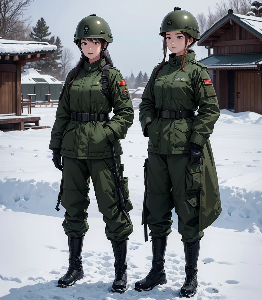 Two female soldiers wearing helmets standing at attention，Wearing dark green coat、The same posture、Military Pants、snow boots、Winter military camp，Write details、masterpiece、best quality、Highly detailed CG、8K picture quality