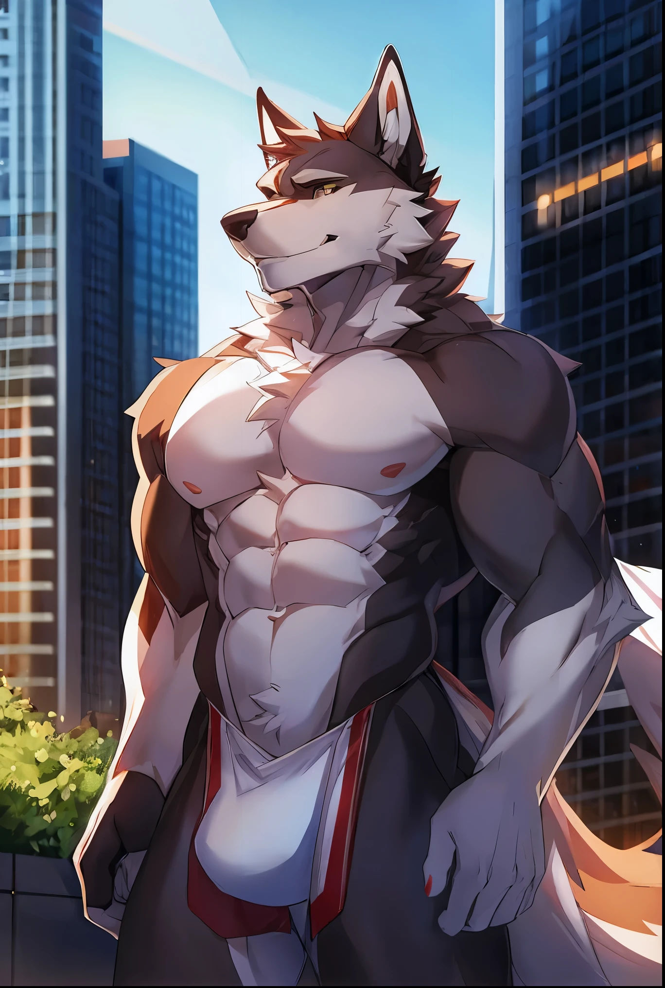 ((Solo)), male people, anthro wolf, (Multi-colored fur, White tail pointed), (Height 3meters,Tail length 2meters), Abs, pinginuscular, A long big tail, by patto, modern city