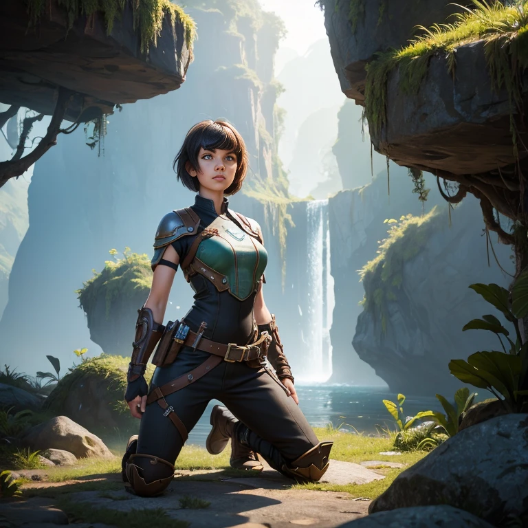 {wihite background}} In the game adventure realistic character style, Epic games realistic, game dev, unreal engineer, {{wihite background}}, create one realistic adult woman with short hair with bangs, kneeling on a floating jungle rock, left arm touadult woman with short hair and bangs looks down as if she is preparing to attack her enemy, Craftsman's masterpiece.