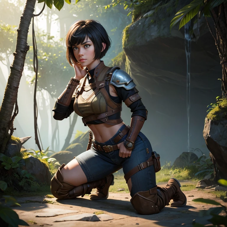 {wihite background}} In the game adventure realistic character style, Epic games realistic, game dev, unreal engineer, {{wihite background}}, create one realistic adult woman with short hair with bangs, kneeling on a floating jungle rock, left arm touadult woman with short hair and bangs looks down as if she is preparing to attack her enemy, Craftsman's masterpiece.