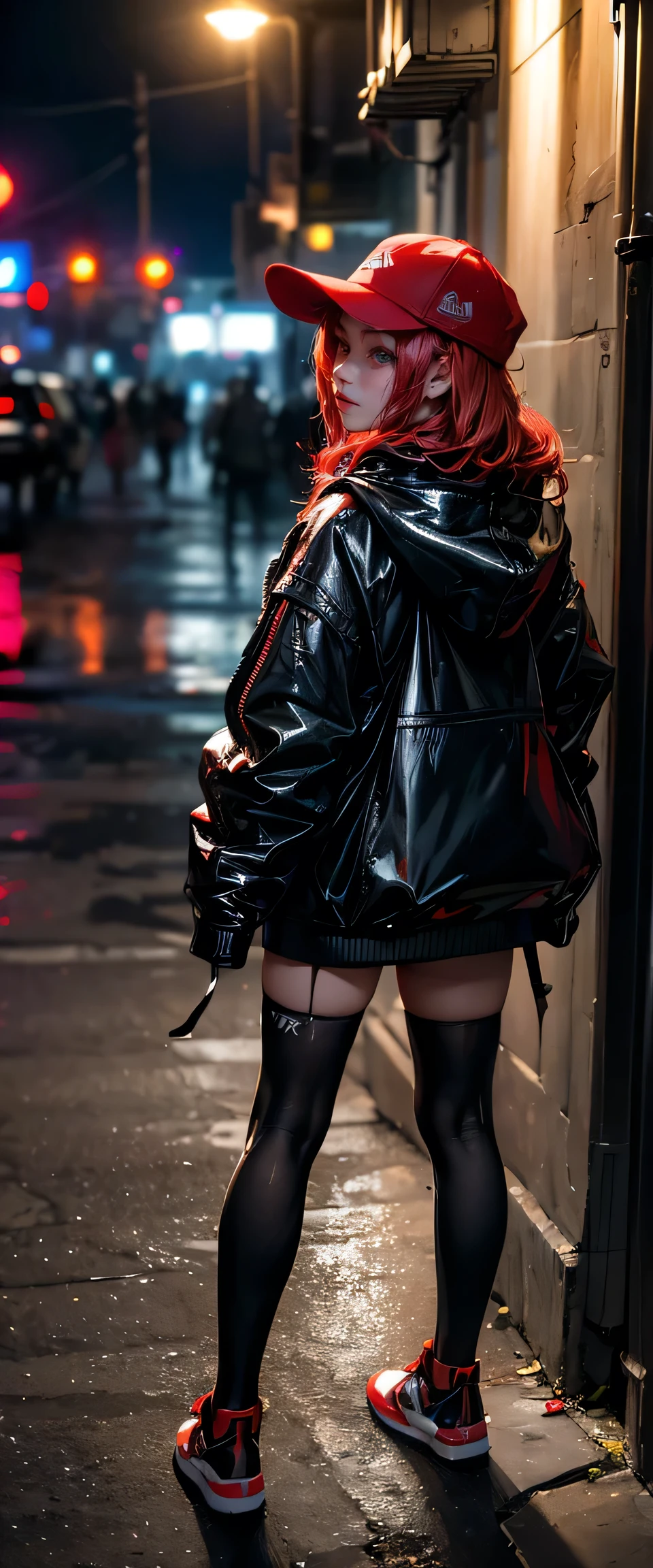 ((masterpiece, highest quality, Highest image quality, High resolution, photorealistic, Raw photo, 8K)), ((Extremely detailed CG unified 8k wallpaper)), Late night convenience store, a young girl stands outside. She wears a baseball hat and rain coat. cleavage, lace bra, bare stomach, She looks sad. Pretty, Beautiful, young, 14 year old, short untidy red hair. thin, (thigh high socks, red and black striped, thigh high), adidas samba style sneakers. Seen from above looking down a set of iron stairs, menace, threat, dark, night, red neon light reflects off street. It is shot from behind her and she is turning to face the camera