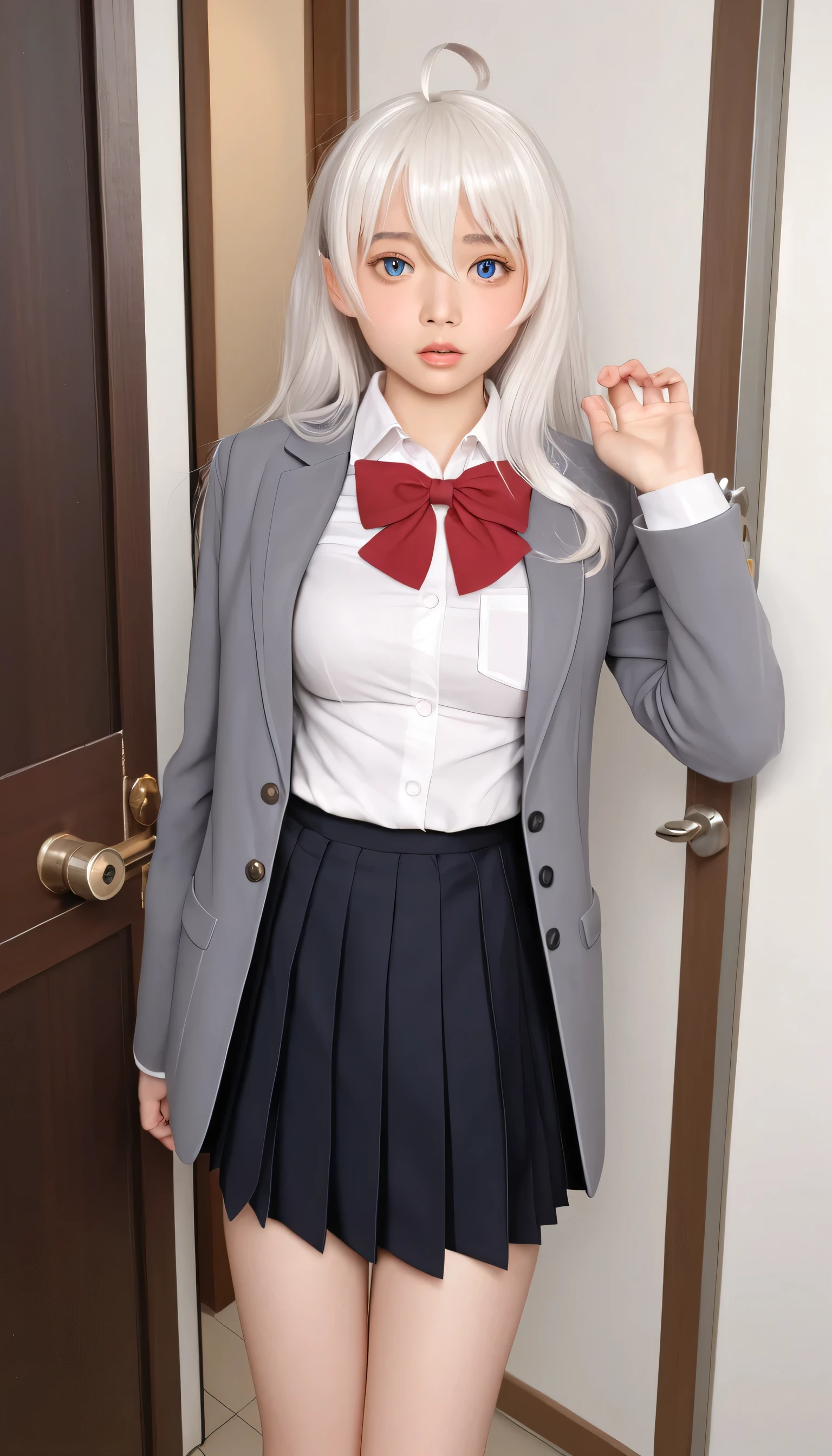 Arya, 1girl, solo, long hair, blue eyes, ahoge, bow, looking at viewer, red bow, jacket, bowtie, long sleeves, breasts, shirt, open jacket, red bowtie, door, cowboy shot, collared shirt, indoors, school uniform, white hair, standing, open clothes, skirt, bangs, dress, grey jacket, black dress, blush, pleated skirt, parted lips, medium breasts, pleated dress, white shirt, hair between eyes, white jacket, hand up, blazer, black skirt, thighs, open door, hallway
