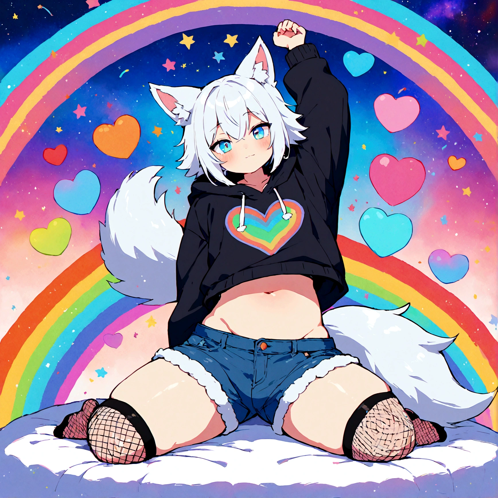 a cute adult male with wolf ears, white hair, has a wolf tail, wearing a loose cropped oversized black hoodie, wearing a pair of denim short shorts and fishnet stockings, thick thighs, wide hips, relaxing on mound of fluffy multi colored kawaii plushies, short, very slim, showing slender tummy, stretching out, heart on hoodie, squishy thighs, has glowing blue eyes. alone, solo (ALONE)(SOLO), surrounded by rainbows, colorful galaxy backround