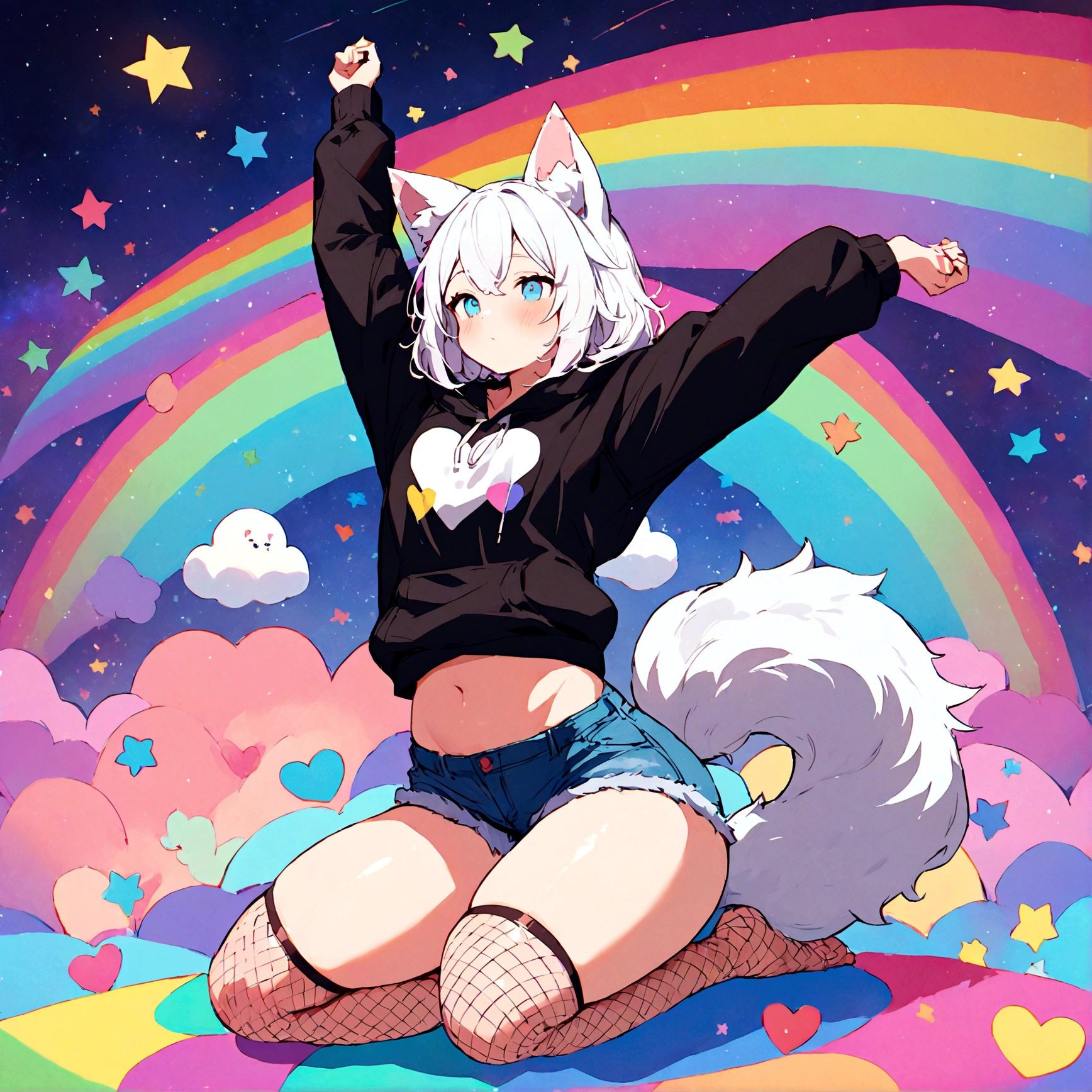 a cute adult male with wolf ears, white hair, has a wolf tail, wearing a loose cropped oversized black hoodie, wearing a pair of denim short shorts and fishnet stockings, thick thighs, wide hips, relaxing on mound of fluffy multi colored kawaii plushies, short, very slim, showing slender tummy, stretching out, heart on hoodie, squishy thighs, has glowing blue eyes. alone, solo (ALONE)(SOLO), surrounded by rainbows, colorful galaxy backround