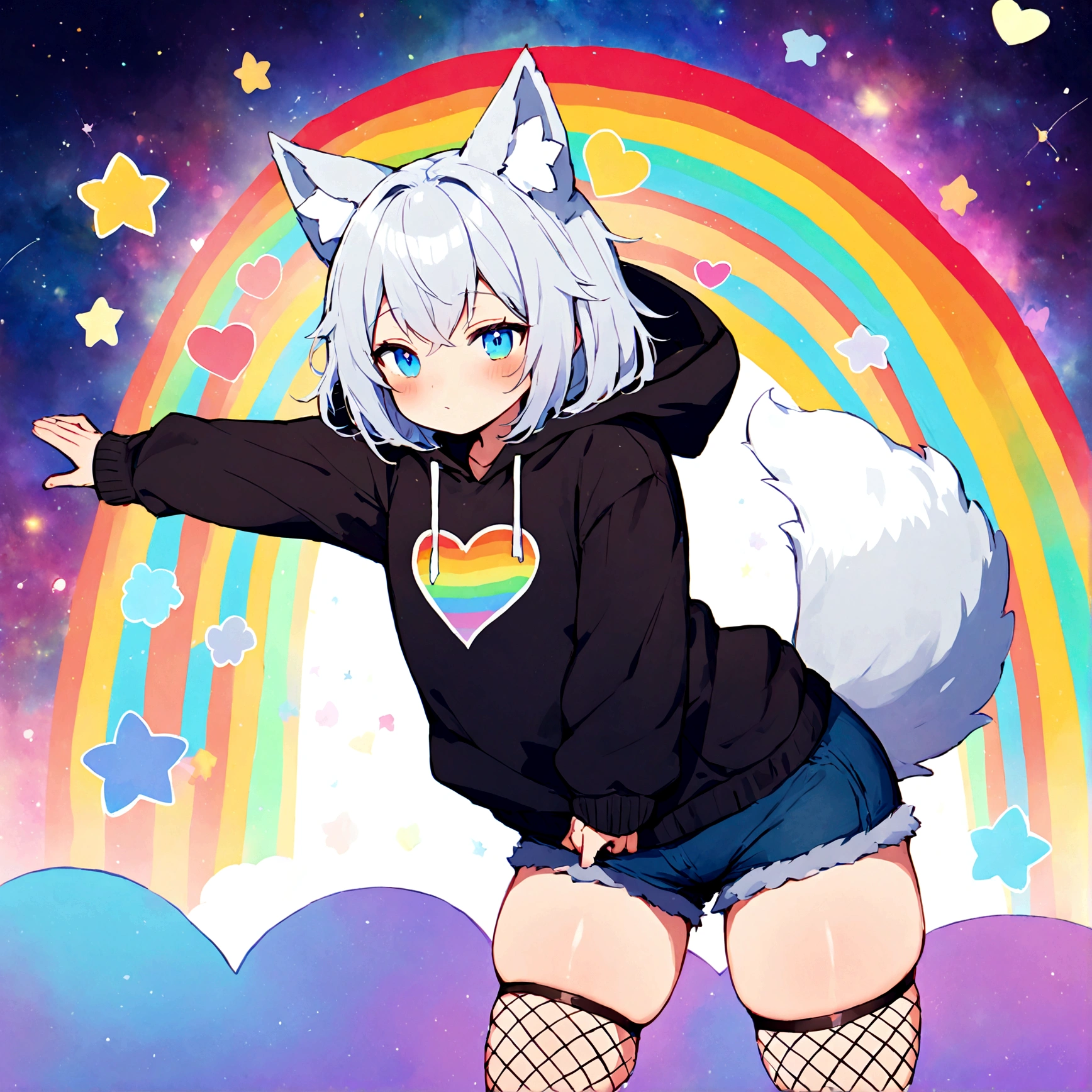 a cute adult male with wolf ears, white hair, has a wolf tail, wearing a loose cropped oversized black hoodie, wearing a pair of denim short shorts and fishnet stockings, thick thighs, wide hips, relaxing on mound of fluffy multi colored kawaii plushies, short, very slim, showing slender tummy, stretching out, heart on hoodie, squishy thighs, has glowing blue eyes. alone, solo (ALONE)(SOLO), surrounded by rainbows, colorful galaxy backround