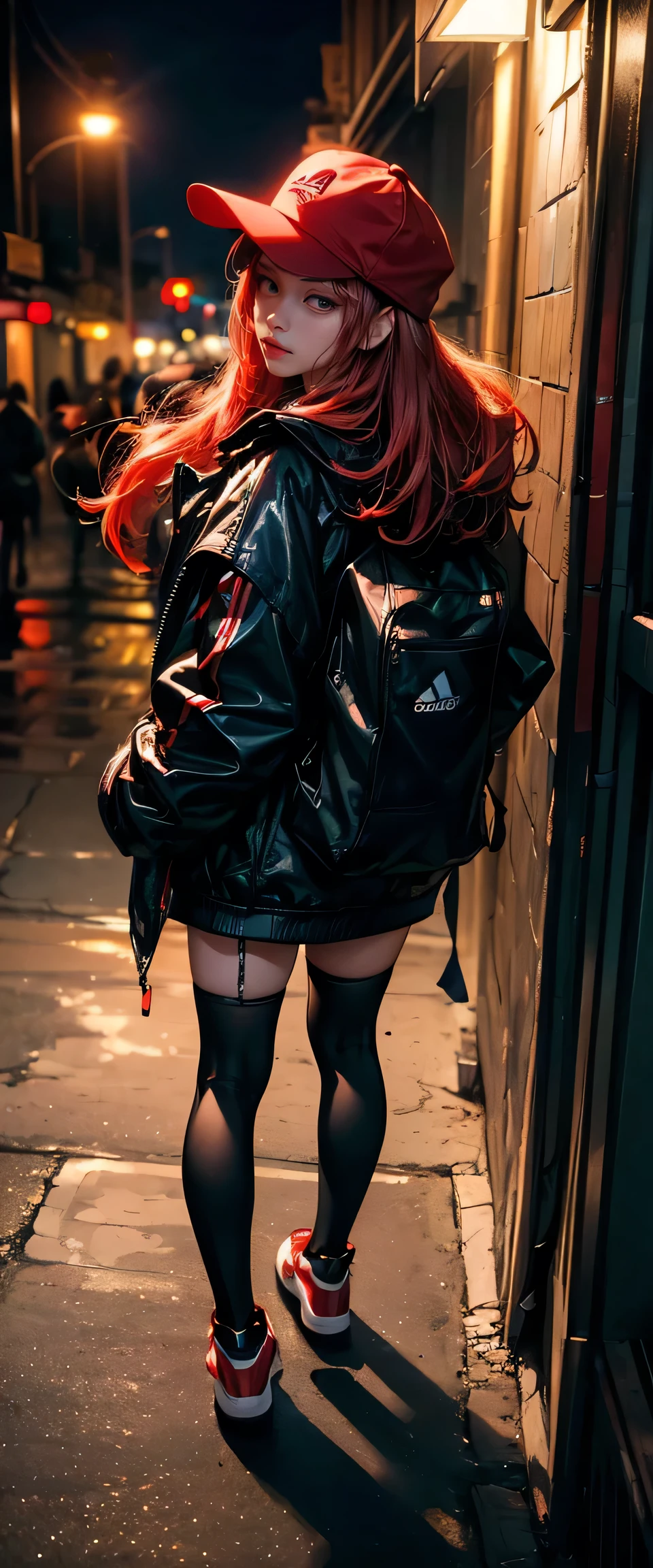 ((masterpiece, highest quality, Highest image quality, High resolution, photorealistic, Raw photo, 8K)), ((Extremely detailed CG unified 8k wallpaper)), Late night convenience store, a young girl stands outside. She wears a baseball hat and rain coat. cleavage, lace bra, bare stomach, She looks sad. Pretty, Beautiful, young, 14 year old, short untidy red hair. thin, (thigh high socks, red and black striped, thigh high), adidas samba style sneakers. Seen from above looking down a set of iron stairs, menace, threat, dark, night, red neon light reflects off street. It is shot from behind her and she is turning to face the camera