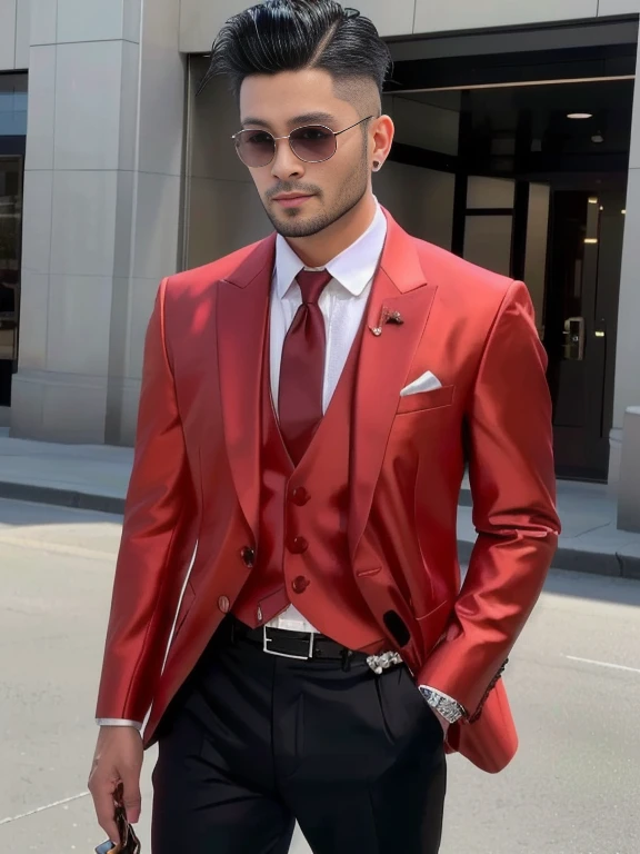 Asian man,Looking straight at the viewer, Wear a red formal dress,A well-maintained model, Profile picture, Aravbai man has a round face., Mohawk haircut,Clean and tidy, Wear a suit and tie with a shiny metallic belt., Very handsome, very realistic, highly realistic detailed face, realistic detailed face, One realistic face, With a very detailed face., Male characters, 3D demoreal avatar, Faces with realistic details, Realistic art style, 8k highly detailed face, realistic human, Realistic perfect face, 