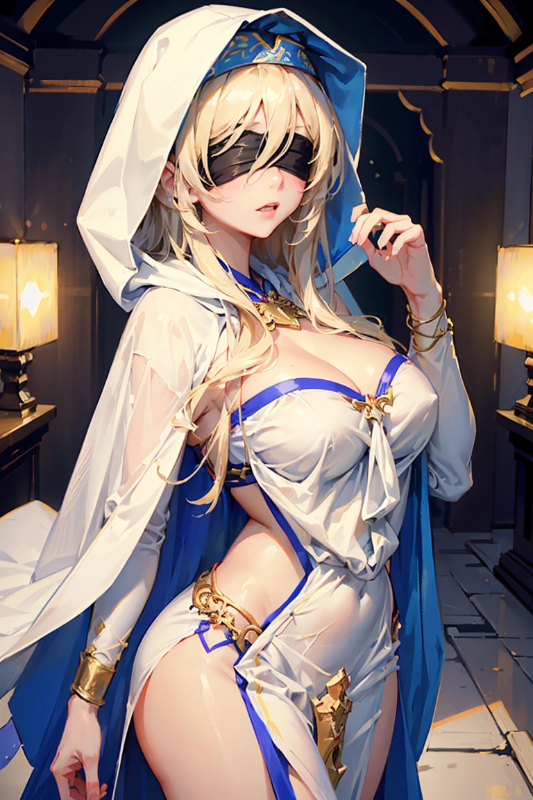 (masterpiece, highest quality, highest quality, Official Art, beautifully、aesthetic:1.2), One girl, Priestessess, Long light blonde hair, Messy Hair, (Wearing a black blindfold:1.3), Big Breasts, Cleavage, (White skimpy robe, Gold border), (White hood:1.2), Very detailed, colorful, Perfect Face, Upper Body, High resolution, (Streaks of Light), Impressive visuals, Vibrant colors, Temple Background