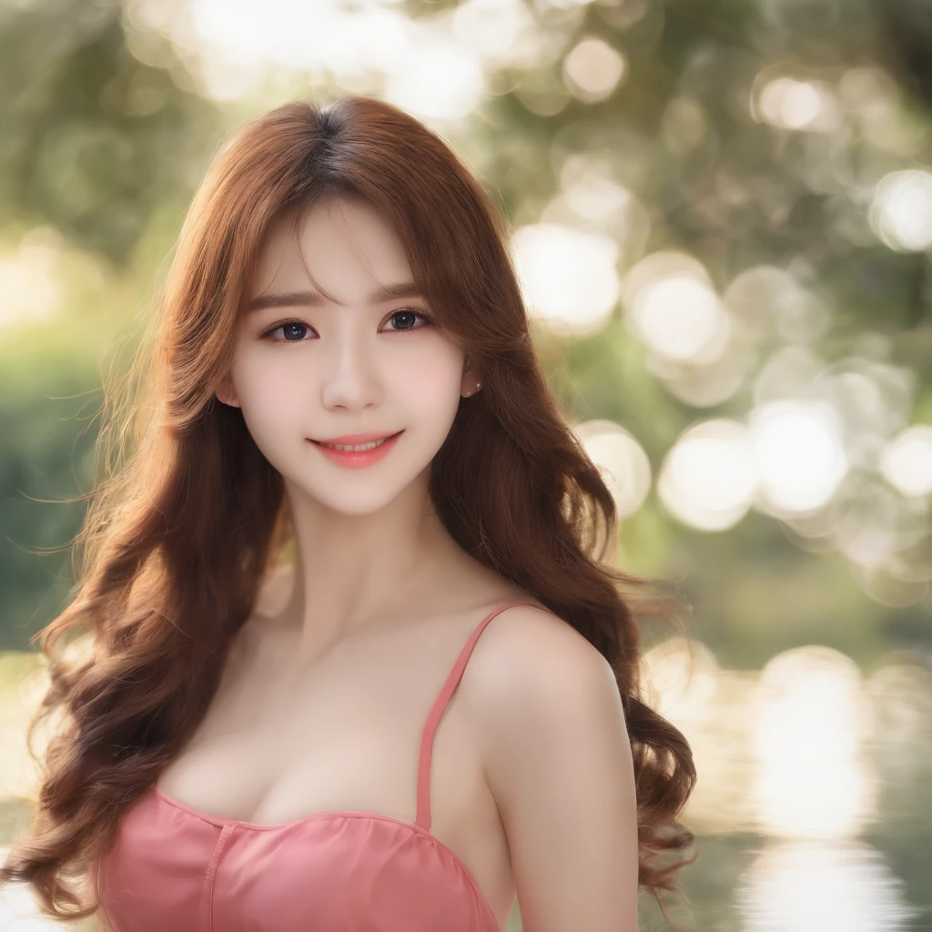 Pieces fly、highest quality、An illustration、Super quality、High resolution、8k wallpaper、Perfect dynamic composition、The whole body is shown、Very cute 20 year old girl、A face so beautiful in every detail、Very small and cute eyes、Very fine skin、Blushed、shy、Long Hair、(Wavy brown hair)、Bold sexy pose、smile、Pink Bikini(Belly button showing)、Large Breasts、Being thin、Very stylish、Narrow shoulders、In bold underwear、Pointed Chest、Tip of the chest、Big Breasts、A nice background、Japanese Beauty、Facing forward、Looking at the front、歯が見えるsmile、not looking to the side、Beautiful face、The whole body is visible