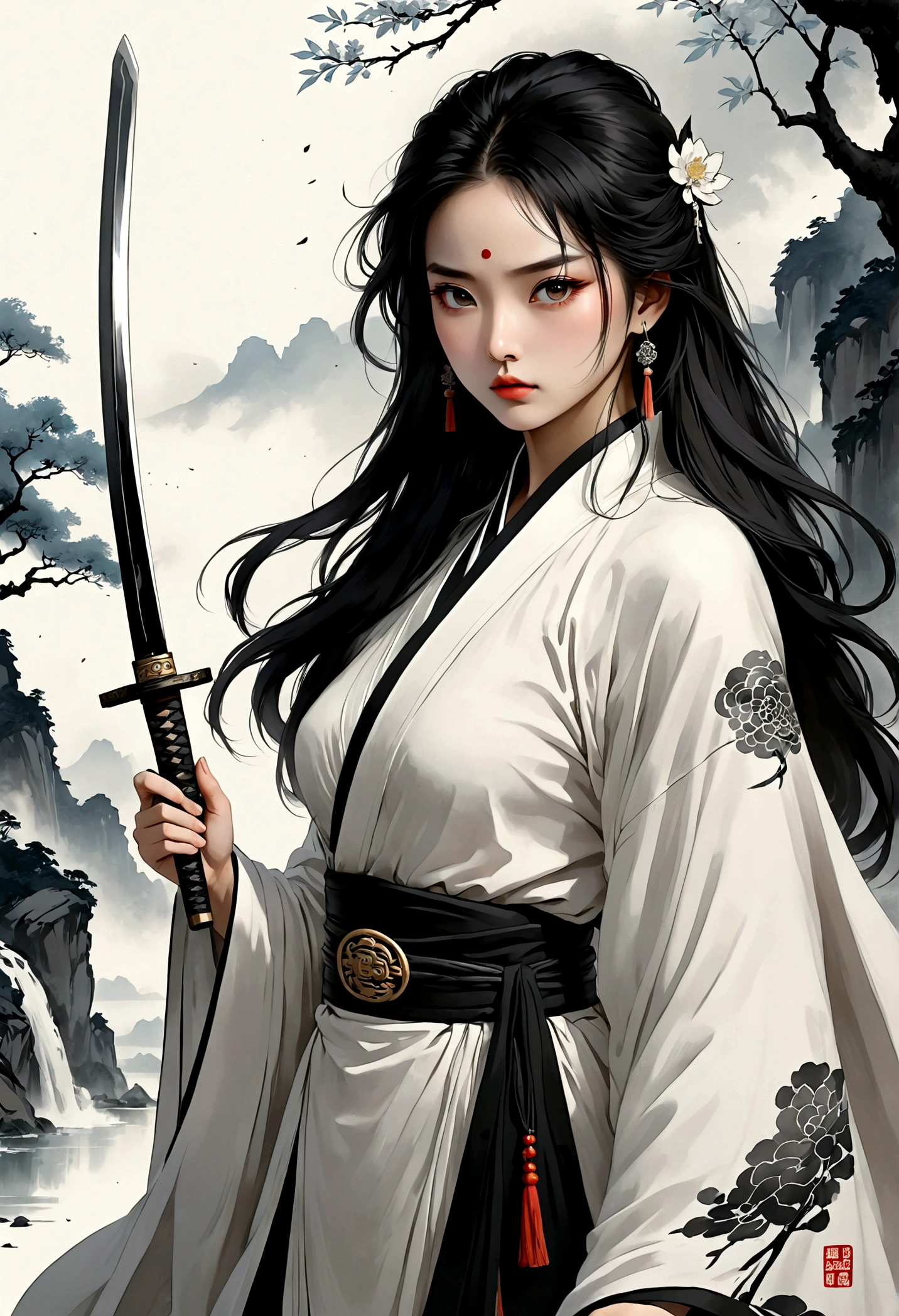 (masterpiece, best quality:1.2), 1 girl, Solitary,QR diagram,Astonishing,Inspired by Guilin’s myths and legends, China:Liu Sanjie,A bust of A woman 白色的长发,black eyes, Peerless beauty,A woman, A cloak over his head:1.37,Rotate the body,Holding a long sword,, Metal jewelry, Serious expression, Attack, Bow your head, Hanfu, Black clothes, icy look in the eye, Loose hair, (Ink stains) beautiful figure painting, Clothing black and white ink style, Delicate skin tone, watercolor, Soft, Martial arts style, ethnic style, Delicate and beautiful face, belt, Sharp eyesight,Black theme,The ferocious beast behind,(Body Movements,whole body,Correct human anatomy)