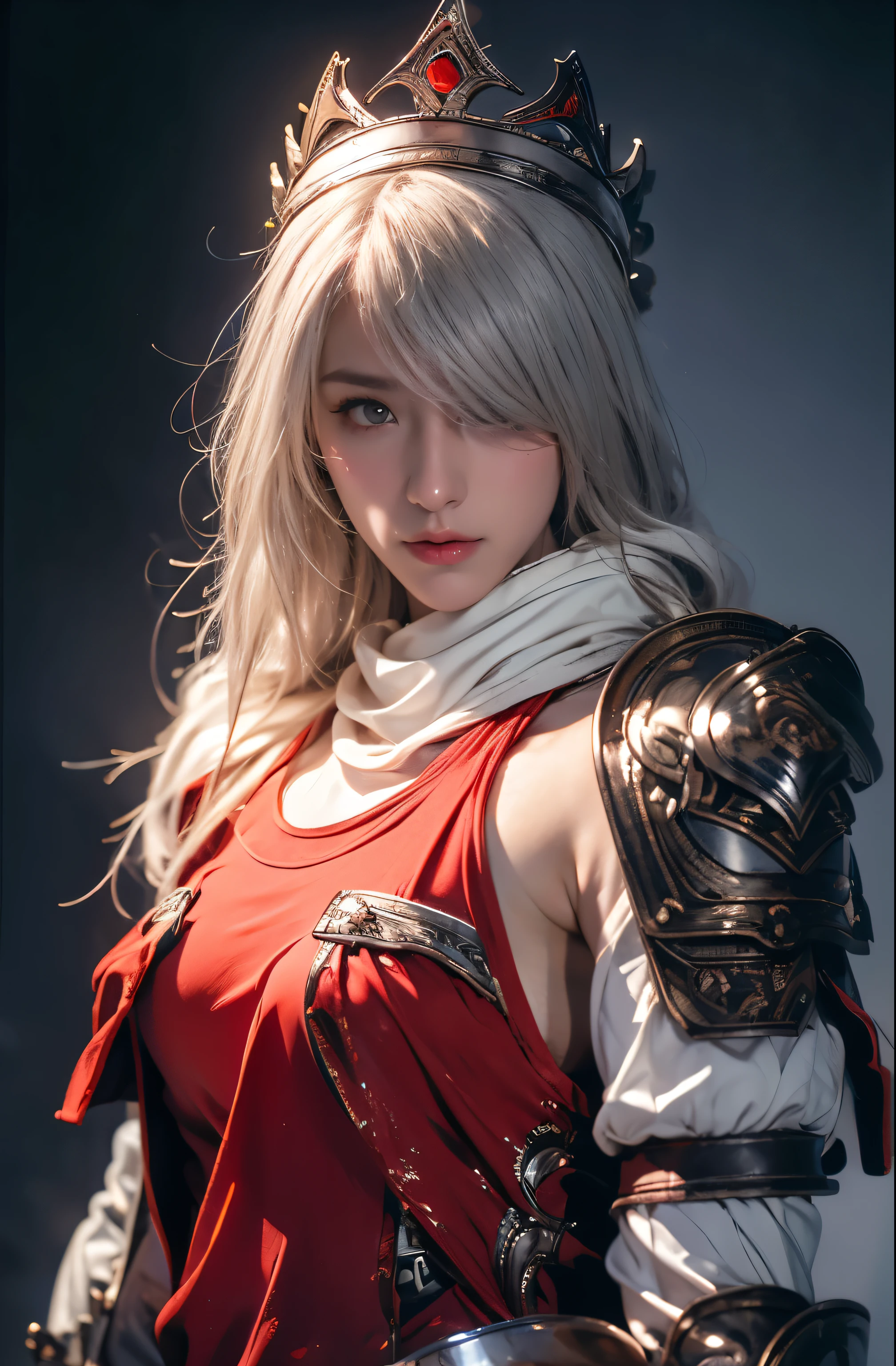 Elegant armor,princess, Full body, wearing a hijab , crown luxury , blue eye, blond hair, around 17 years old, (red silver hijab), tmasterpiece,Best quality at best,A high resolution,8K,((Portrait)),(upper body),Original photo,real photograph,digital photography, elegant princess ,blue eye, super colossal brest, pointy colossal breast extravagant ornament,cparted lips,Keep your mouth shuegant and charming,((Blushing)),virgin content,Calm and handsome,luxury body armor ((red and silver armor)) , (Medieval fantasy armor, The Beautiful pointy breast, small waist, perfect colossal breast of princess body )oc render reflection texture, elegant style, colossal breast , medieval castle background, slim body, very small waist, (luxury armor pattern) , super slim ,beautiful like angel