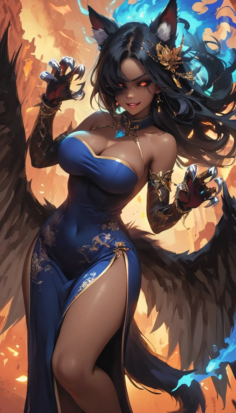8k_wallpaper, extremely detailed eyes, extremely detailed body, (large masterpiece digital art), (detailed manga illustration), (detailed line art), ((perfect anatomy)), (intricate details:1.3), (ultra-detailed:1.3), (illustration:1.3), (sharp focus:1.3), (natural lighting:1.05), (vivid colors:1.3), (masterpiece), (best quality:1.4), (perfect anatomy:1.4), high quality, expressive eyes, full body, detailed face, beautiful face, perfect face, 1girl, dark skin, animal ears, black sclera, smile, colored sclera, , solo, monster girl, black hair, (wolf ears), large breasts, wide hips, long hair, ((gold eyes)), claws, grin, fur, looking at viewer, collar, ((dynamic action pose)), tail, wolf tail, dragon horns, wings, sadistic smile over eye, {regal outfit}, tiny top hat, (hellscape background), blue fire, curvy, china dress, dark skin,
