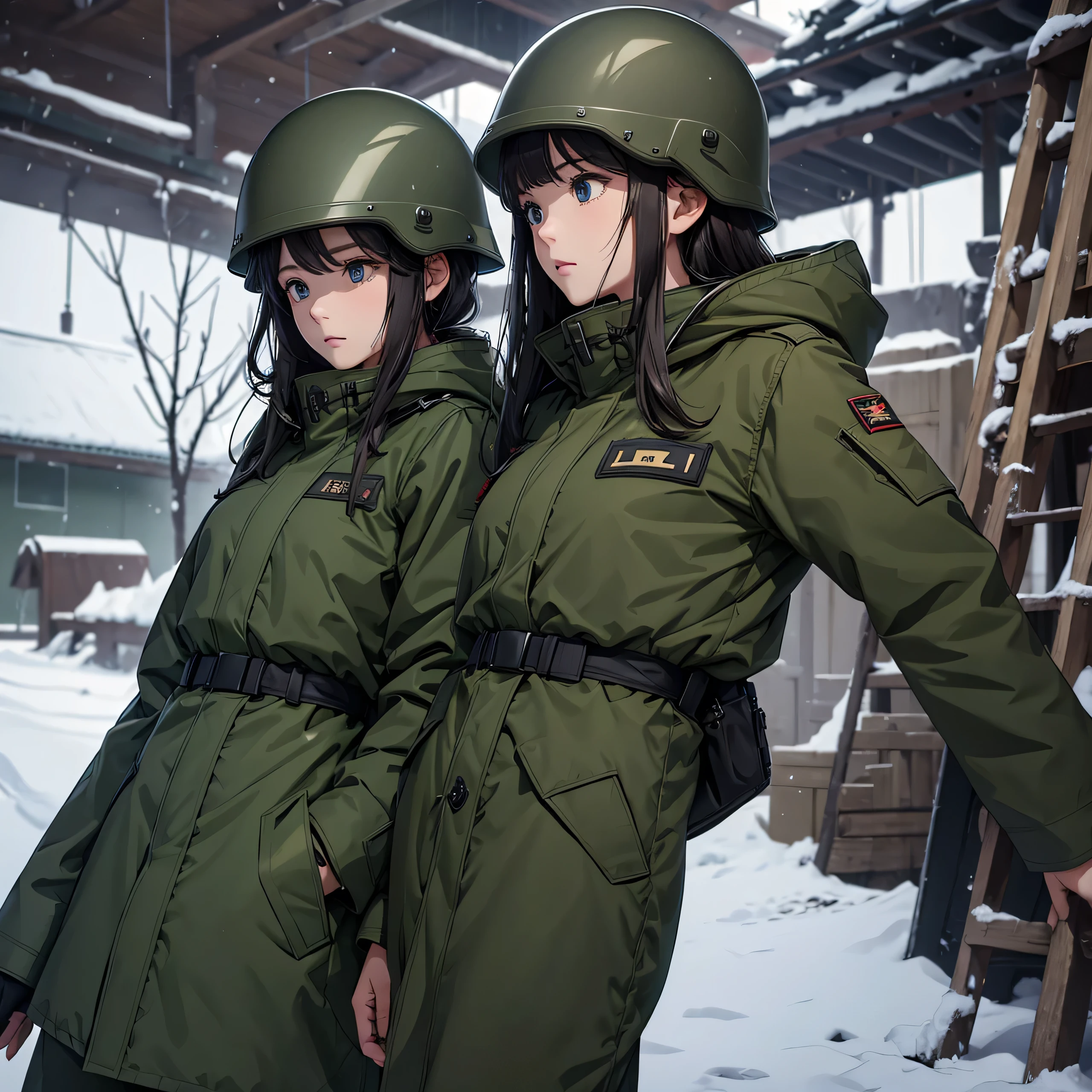 Three female soldiers wearing helmets,Wear dark green parka coat、The same posture、Military Pants、Winter military camp,Write details、masterpiece、best quality、Highly detailed CG、8K picture quality