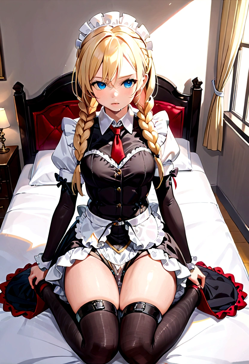 Shiny blond hair, very long hair, sophisticated haircut, ((((hair fully braided)))), ((small twisted braids)), thin and oval face, submissive, (((gagged))), ((((very cute maid girl)))), ((((very cute black maid dress)))), ((((cute waitress serving a blond man)))), cute and blushing 18 years old anime girl, look away because she is embarrassed and blushes, bright blue eyes, detailed face, detailed members, detailed arms, detailed hands, ((((sparkling diamond jewelry)))), tiara, ((makeup)), high heels, puffy sleeves, long gloves, long eyelashes, maid costume, maid dress, maid girl, Girl lying, tied by ropes, shackled, can no longer move, tied tightly, very hard tied up with lots of ropes, hampered by so many ropes that she can no longer move, bound hands and feet, ropes tie his whole body, tied extremely tightly and forcefully to her bed by a lot of ropes, its limbs are strongly tied together by ropes, his torso is tied up with thick cords, her chest is so tied up with ropes that it sticks out, her legs are tied tightly with thick ropes, his hands are tied behind his back with ropes, she can no longer move her feet, her hands which are tied by thick ropes, she desperately tries to free herself, likes to be tied tight with big ropes, likes to be immobilized by big ropes, lying down, his hands and feet are strongly tied to the railing of his bed, his legs are pressed together and tied with ropes, its limbs are held vigorously by imposing ropes, her hands are tied securely behind her back by ropes, her chest is compressed by strong ropes, she is pressed against her bed and restrained by large ropes (shibari, arms behind the back:1.4), (hands on the back), (masterpiece, best quality) 1.5, 1girl, solo, (sexy, beautiful woman, perfect face, perfect eyes, perfect hands), samus aran, (shibari, arms behind the back:1.4), (hands on the back), Spread the legs, s&#39; ((lie in bed by big ropes)), ((close up of the girl)), ((((lie in bed))))