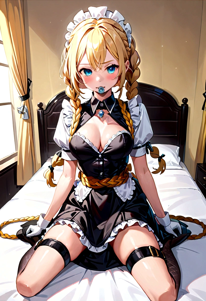 Shiny blond hair, very long hair, sophisticated haircut, ((((hair fully braided)))), ((small twisted braids)), thin and oval face, submissive, (((gagged))), ((((very cute maid girl)))), ((((very cute black maid dress)))), ((((cute waitress serving a blond man)))), cute and blushing 18 years old anime girl, look away because she is embarrassed and blushes, bright blue eyes, detailed face, detailed members, detailed arms, detailed hands, ((((sparkling diamond jewelry)))), tiara, ((makeup)), high heels, puffy sleeves, long gloves, long eyelashes, maid costume, maid dress, maid girl, Girl lying, tied by ropes, shackled, can no longer move, tied tightly, very hard tied up with lots of ropes, hampered by so many ropes that she can no longer move, bound hands and feet, ropes tie his whole body, tied extremely tightly and forcefully to her bed by a lot of ropes, its limbs are strongly tied together by ropes, his torso is tied up with thick cords, her chest is so tied up with ropes that it sticks out, her legs are tied tightly with thick ropes, his hands are tied behind his back with ropes, she can no longer move her feet, her hands which are tied by thick ropes, she desperately tries to free herself, likes to be tied tight with big ropes, likes to be immobilized by big ropes, lying down, his hands and feet are strongly tied to the railing of his bed, his legs are pressed together and tied with ropes, its limbs are held vigorously by imposing ropes, her hands are tied securely behind her back by ropes, her chest is compressed by strong ropes, she is pressed against her bed and restrained by large ropes (shibari, arms behind the back:1.4), (hands on the back), (masterpiece, best quality) 1.5, 1girl, solo, (sexy, beautiful woman, perfect face, perfect eyes, perfect hands), samus aran, (shibari, arms behind the back:1.4), (hands on the back), Spread the legs, s&#39; ((lie in bed by big ropes)), ((close up of the girl)), ((((lie in bed))))