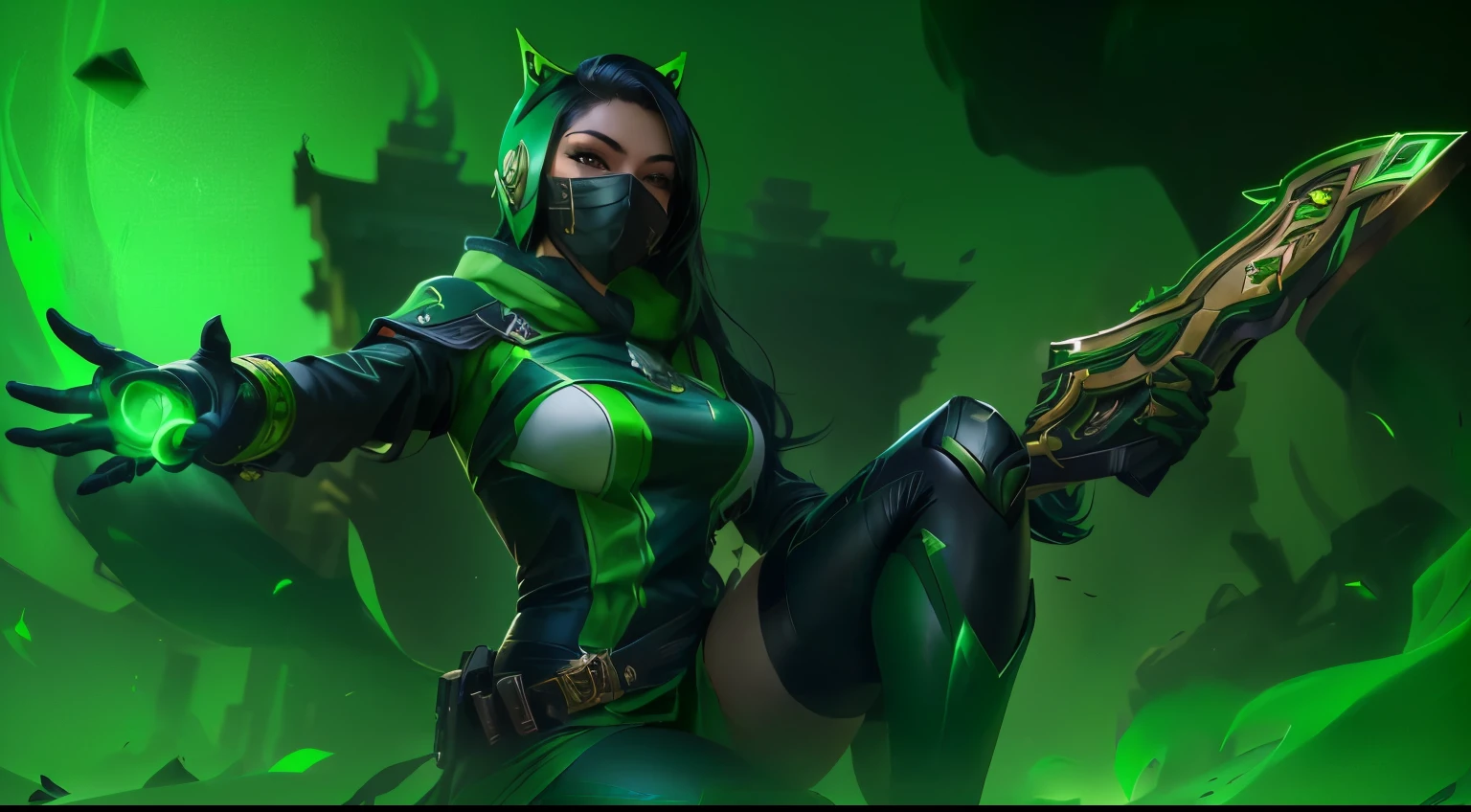 a close up of a woman with a green mask and a green glove, akali from league of legends, akali, female lucio, amazing portrait of viego, inspired by Yi Insang, inspired by Shen Zhou, stanley artgerm lau, background artwork, qiyana, wallpaper splash art promo art, beautiful rogue lady, hero from dota 2 ass exposed