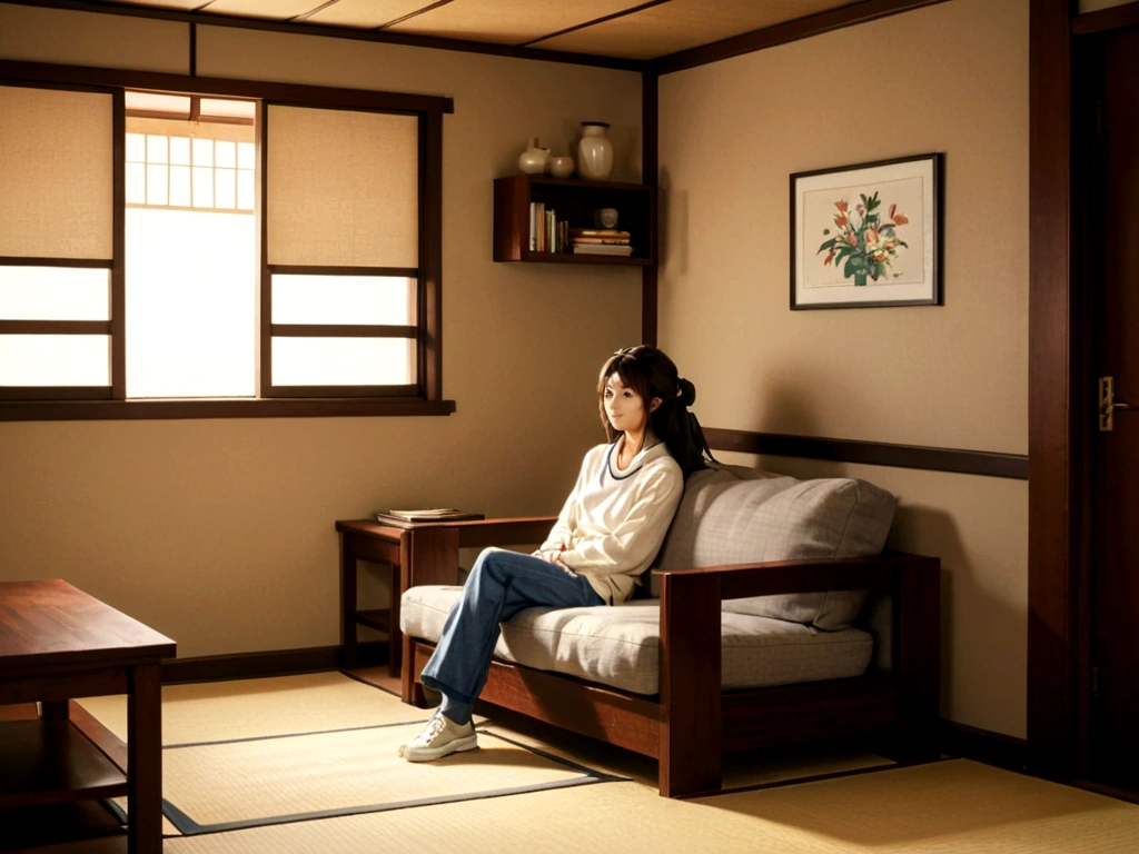 cartoon of a woman sitting on a couch in a living room, in a japanese apartment, personal room background, style of madhouse studio anime, rpg maker style bedroom, sitting in her room, in a room, in a living room, sitting in bedroom, anime scene, cel - shaded art style, anime background, indoor scene, anime background art, interior background art