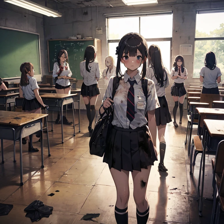 A group of female students, (in classroom), various hair styles, harem, post apocalyptic, details face, short skirt, seducing, school uniforms, dirty body, shattered glass, torn clothing