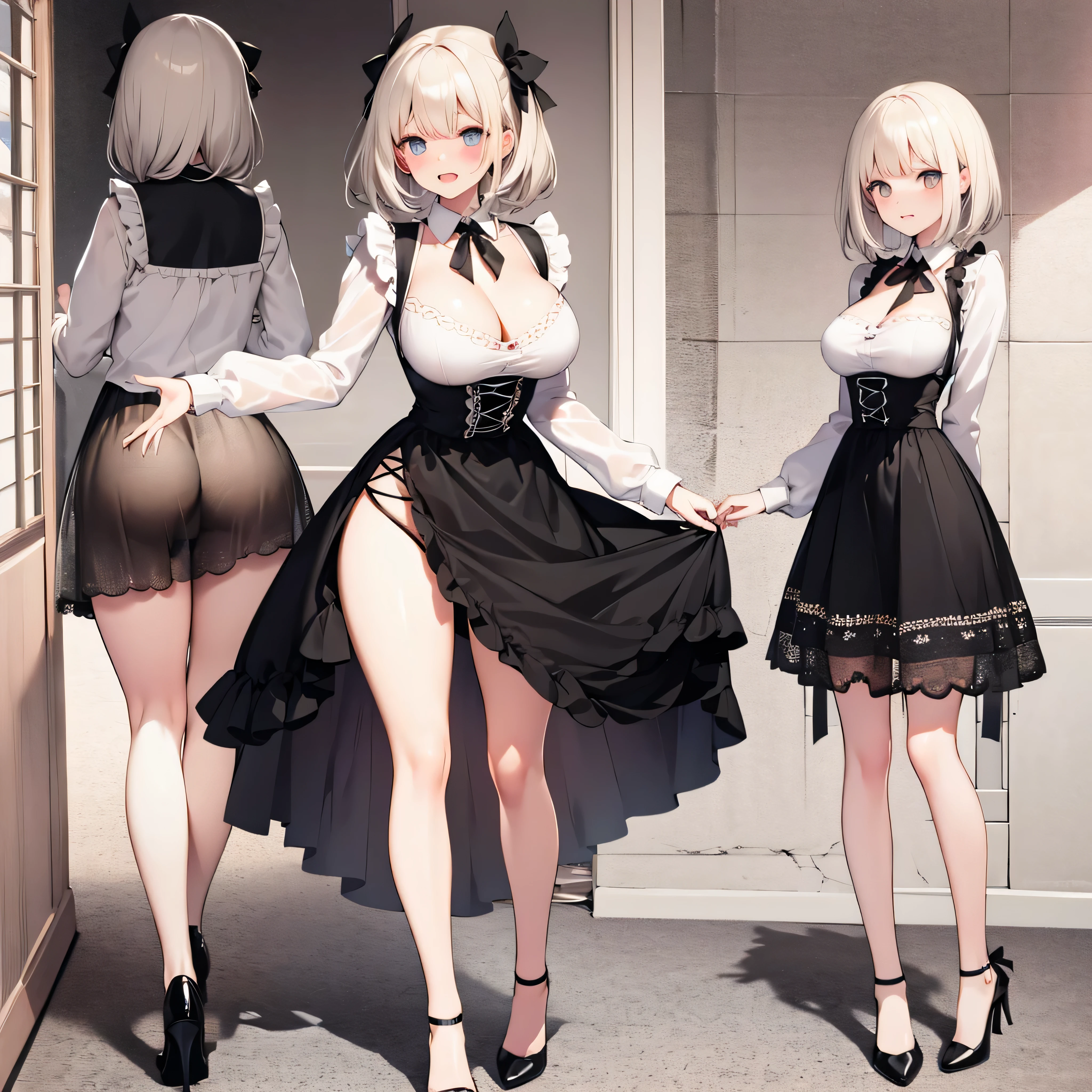 (solo), 1 skinny girl standing, swaying back, BREAK, show off large breasts, bursting breasts, (show off cleavage), short torso, (skinny too narrow waist), (very skinny long legs), BREAK, (short dirndl), (too short skirt), show off thigh gap, stiletto heels, BREAK, nose blush, orgasm, (nsfw:0.2), covered erectile nipples
