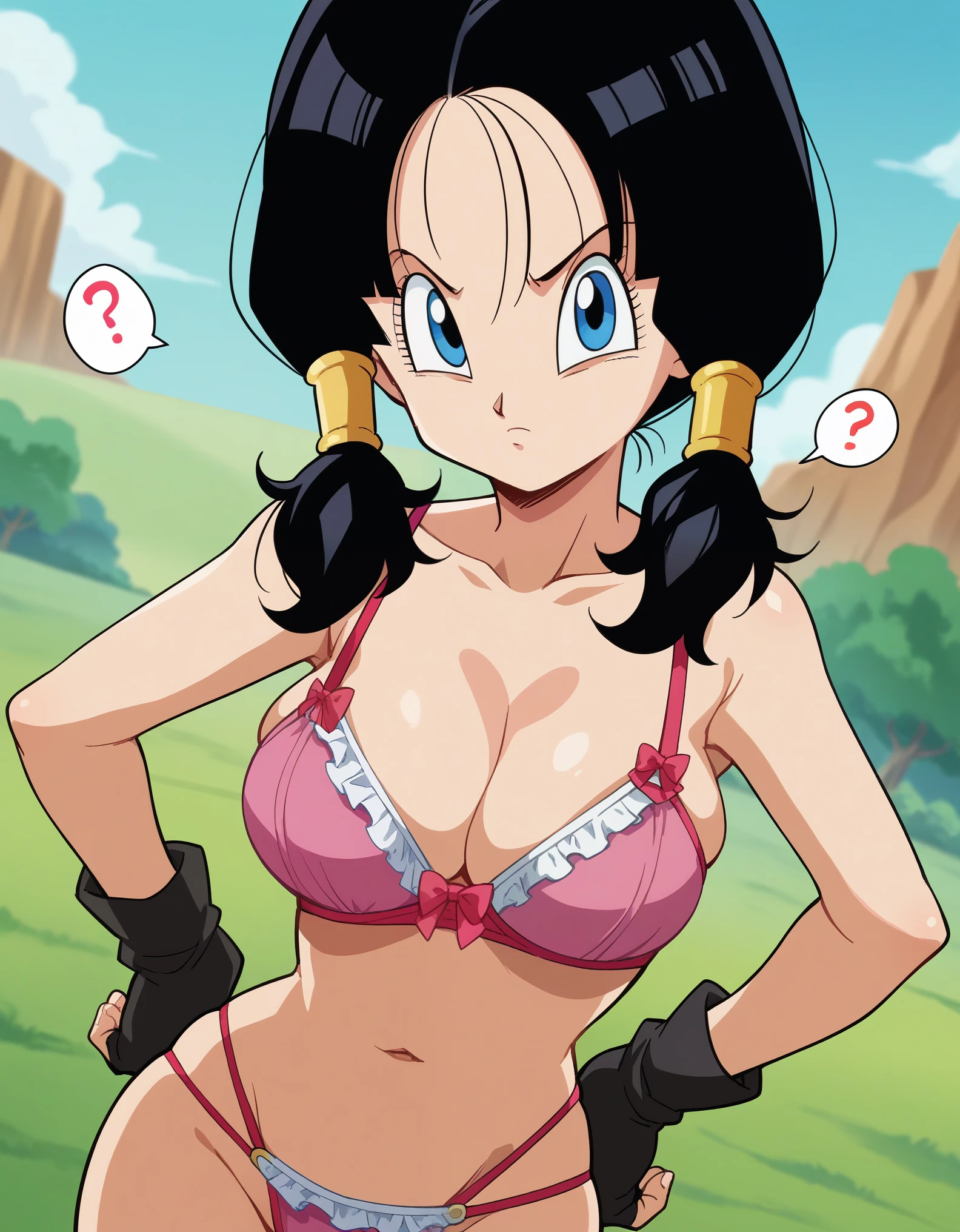 score_10, score_9, score_8_up, score_7_up, score_6_up, score_5_up, score_4_up, BREAK, source_anime, anime screencap, anime coloring, videl, black hair, blue eyes, eyelashes, parted bangs, twintails, black gloves,collarbone, fingerless gloves, gloves, cute frilled pink bra and thong, pink bow, large sagging breasts, (short stack:0.5) outside, looking at viewer, cowboy shot, dutch angle, standing, hand on hip, :<, question mark