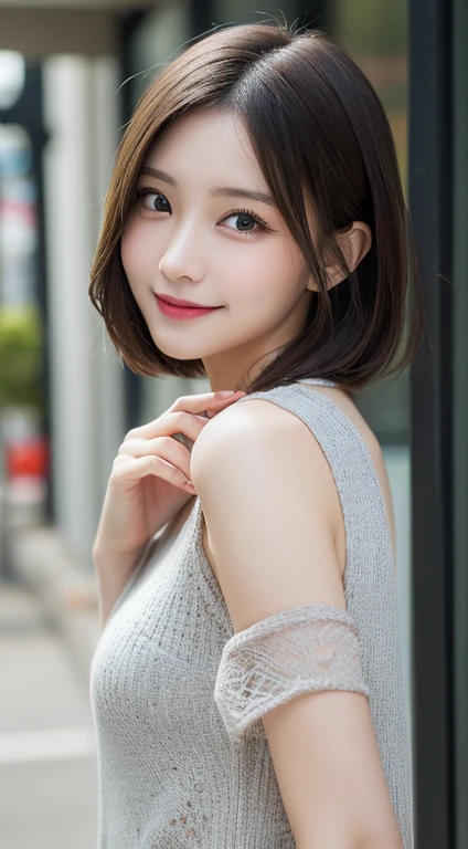 masutepiece, Best Quality, Illustration, Ultra-detailed, finely detail, hight resolution, 8K Wallpaper, Perfect dynamic composition, Beautiful detailed eyes, Women's Fashion Summer,Shorthair,,Natural Color Lip, Bold sexy poses,Smile,Shinjuku、20 years girl、Cute、Sexy shot looking at camera