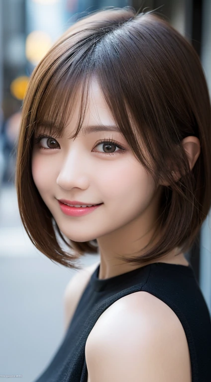 masutepiece, Best Quality, Illustration, Ultra-detailed, finely detail, hight resolution, 8K Wallpaper, Perfect dynamic composition, Beautiful detailed eyes, Women's Fashion Summer,Shorthair,,Natural Color Lip, Bold sexy poses,Smile,Shinjuku、20 years girl、Cute、Sexy shot looking at camera