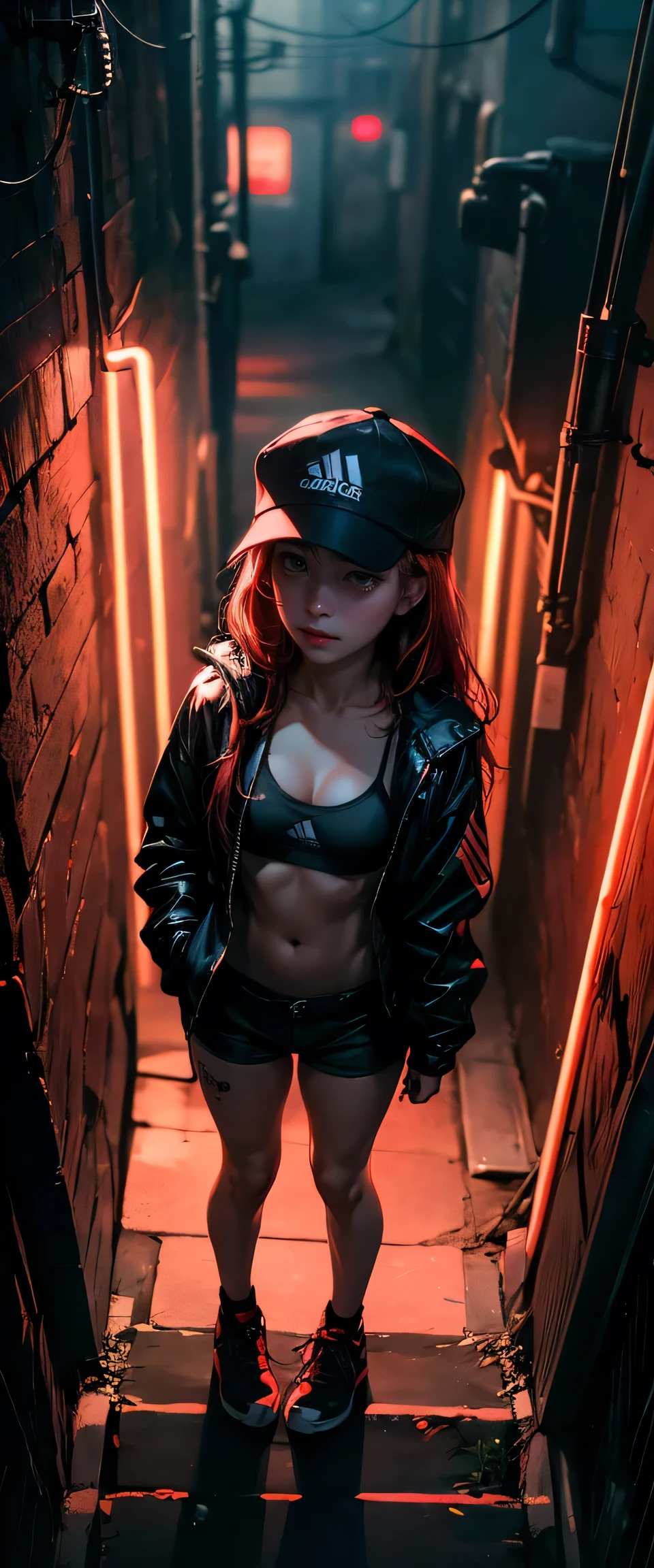 ((masterpiece, highest quality, Highest image quality, High resolution, photorealistic, Raw photo, 8K)), ((Extremely detailed CG unified 8k wallpaper)), Late night convenience store, a young girl leans against a wall in a dark alleyway. Her hands are on the wall, her legs spread and her back arched. She wears a baseball hat and large rain coat. cleavage, tiny breasts, cotton bra, tight shorts, bare stomach, She looks sad. Pretty, Beautiful, young, 11 year old, short untidy red hair. thin, short, thigh high socks, adidas samba style sneakers. Seen from above looking down a set of iron stairs, menace, threat, dark, night, red neon light reflects off street. she looks tired and cold