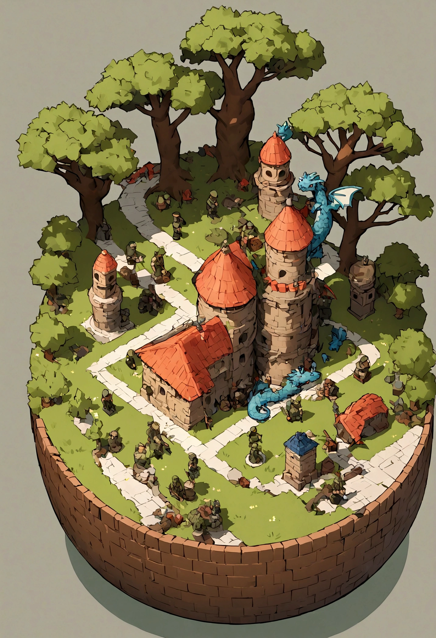 absurdres, best quality, fantasy, isometric, knolling style of (miniature brick round tower:1.4,Big Dragon,Soldier), tree, stone wall, (simple background:1.4),