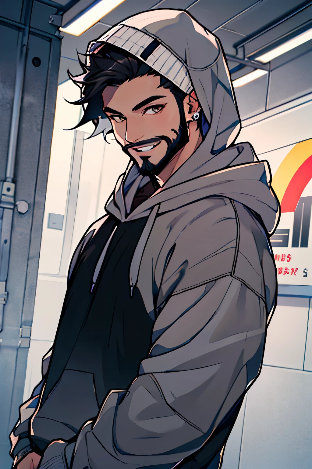 ((best quality)), ((masterpiece)),Camera angle、 (detailed),(((Wear a light grey sweatshirt with the hood up))) (((Short beard)))、20th Generation、perfect face, mature, balaclava, black uniform, short black hair, brown eyes, Earrings、smile