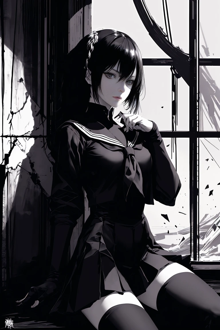 v5lcn style,Ink Art,(highest quality,Tabletop:1.2),(Black and white comic core:1.1),(extremely high contrast),Dark ink,One Girl,Black-haired,Shadow on face、8k,solve,high school girl,Sailor suit,