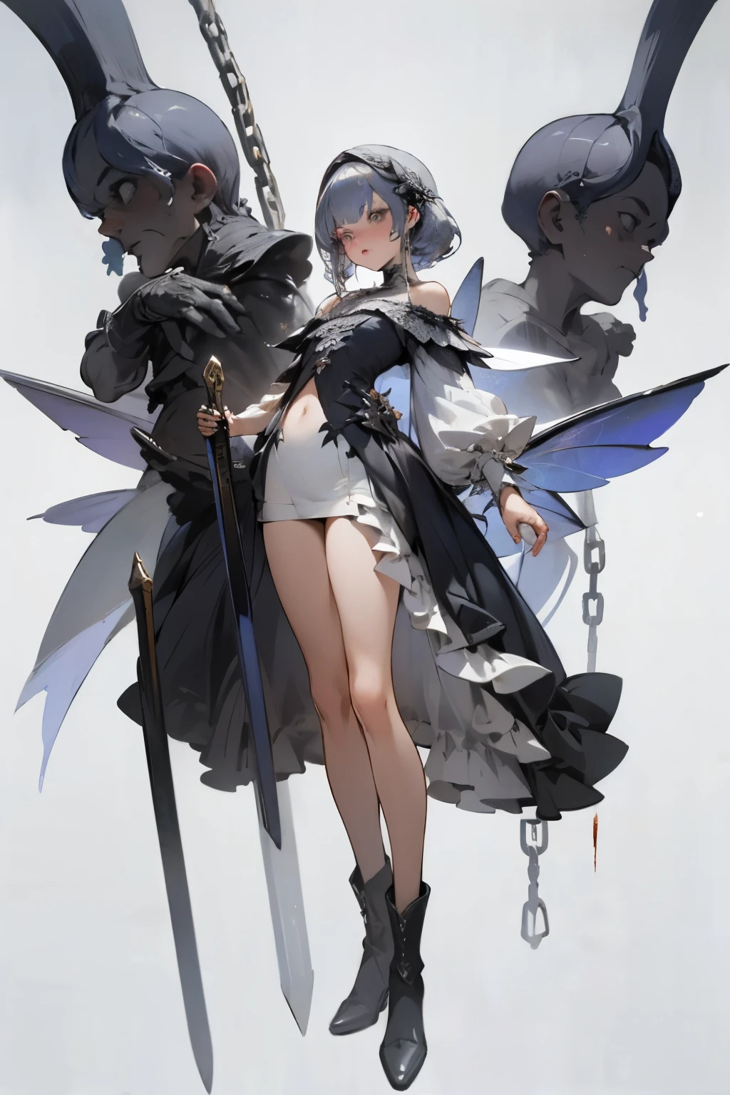 ((best quality)), ((masterpiece)), (detailed), 1girl, off-shoulder, Character design, female, dynamic poses, long white grey hair, grey white eyes, very skinny, detailed, best quality, no accesoires around the neck, no shoes, prominent collarbones, skinny arms, flat stomach, visible hip bones, full body, blank white background, plain background, white background, red and white clothing, Bloodborne inspired, occult aesthetic, occult, detailed and intricate steampunk and detailed gothic, NSFW, Very dramatic and cinematic lighting, cosmic horror, grim-dark, side-lighting, perfect face, NSFW, Fluttering lace flared long knee length dress with frilly petticoats, knee length dress, pleated petticoats, petticoats gothic, complex lace boots, side-lighting, gothic lolita aesthetic, wielding a mighty sword with mechanical components, mandalas, small breasts, a fairy, various different types of insect wings, NSFW, full body, whole body, body, plain background, white background, blank background, no background, white background NSFW, chains, full body, whole body, head-to-toe NSFW