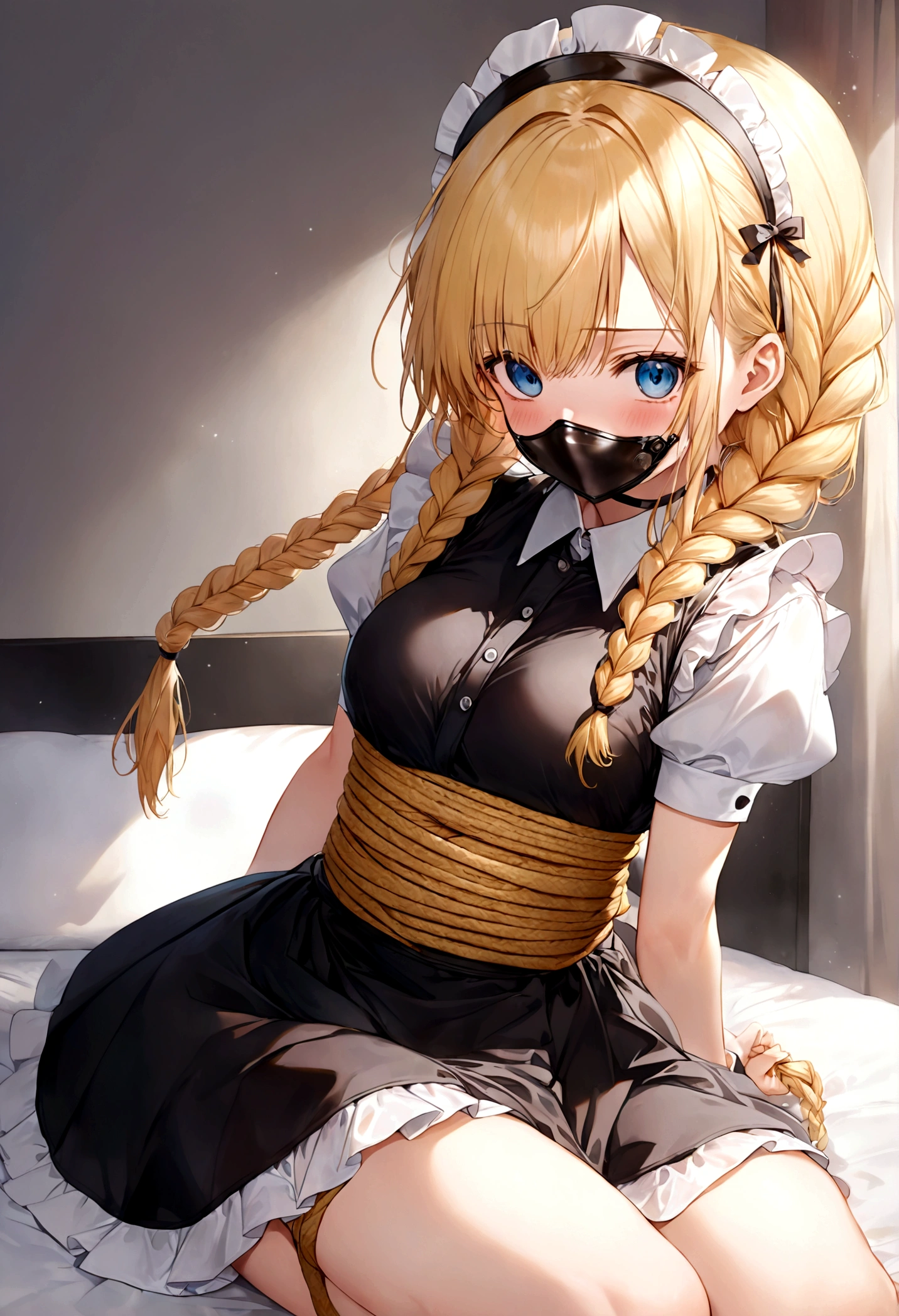 Shiny blond hair, very long hair, sophisticated haircut, ((((hair fully braided)))), ((small twisted braids)), thin and oval face, submissive, (((gagged))), ((((very cute maid girl)))), ((((very cute black maid dress)))), ((((cute waitress serving a blond man)))), cute and blushing 18 years old anime girl, look away because she is embarrassed and blushes, bright blue eyes, detailed face, detailed members, detailed arms, detailed hands, ((((sparkling diamond jewelry)))), tiara, ((makeup)), high heels, puffy sleeves, long gloves, long eyelashes, maid costume, maid dress, maid girl, Girl lying, tied by ropes, shackled, can no longer move, tied tightly, very hard tied up with lots of ropes, hampered by so many ropes that she can no longer move, bound hands and feet, ropes tie his whole body, tied extremely tightly and forcefully to her bed by a lot of ropes, its limbs are strongly tied together by ropes, his torso is tied up with thick cords, her chest is so tied up with ropes that it sticks out, her legs are tied tightly with thick ropes, his hands are tied behind his back with ropes, she can no longer move her feet, her hands which are tied by thick ropes, she desperately tries to free herself, likes to be tied tight with big ropes, likes to be immobilized by big ropes, lying down, his hands and feet are strongly tied to the railing of his bed, his legs are pressed together and tied with ropes, its limbs are held vigorously by imposing ropes, her hands are tied securely behind her back by ropes, her chest is compressed by strong ropes, she is pressed against her bed and restrained by large ropes (shibari, arms behind the back:1.4), (hands on the back), (masterpiece, best quality) 1.5, 1girl, solo, (sexy, beautiful woman, perfect face, perfect eyes, perfect hands), samus aran, (shibari, arms behind the back:1.4), (hands on the back), Spread the legs, s&#39; ((lie in bed by big ropes)), ((close up of the girl)), ((((lie in bed))))