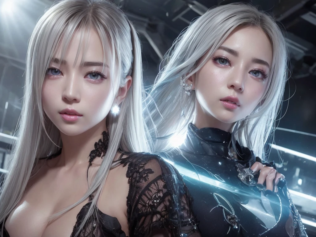 highest quality、8k Masterpiece、超A high resolution、(Photorealistic:1.3)、RAW Photos、1 girl、Silvery white hair、Glowing Skin、1. Super-beautiful Cyberpunk Soldiers、((Ultra-Realistic Details))、Portrait、Global Illumination、Shadow、Octane Rendering、8k、Super sharp、Beautiful breasts、Metal、Cold colors、、Very intricate details、Realistic Light、CGSoation Trend、Beautiful Eyes、Shining Eyes、To the camera、Neon Details、Completely naked