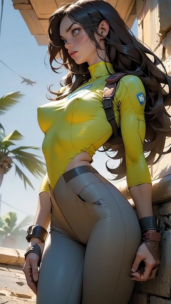 LARA CROFT., LARA CROFT COSTUME (light-blue top, brown bottoms)
Side view,,gritty hair fit body enormous breasts (protuding erect nipples) slim thighs slim waist long hair blushing determination, 8k, Detalle extremo,More detailed 8K.motor irreal:1.4,UHD,La mejor calidad:1.4, fotorrealista:1.4, textura de la piel:1.4, obra maestra:1.8,obra-prima, mejor calidad,objeto Objeto], (detailed face features:1.3),(Traje de piloto:1.4)