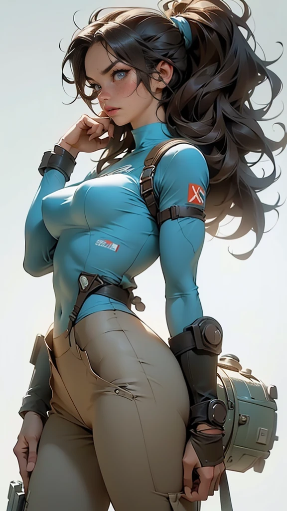 LARA CROFT., LARA CROFT COSTUME (light-blue top, brown bottoms)
Side view,,gritty hair fit body enormous breasts (protuding erect nipples) slim thighs slim waist long hair blushing determination, 8k, Detalle extremo,More detailed 8K.motor irreal:1.4,UHD,La mejor calidad:1.4, fotorrealista:1.4, textura de la piel:1.4, obra maestra:1.8,obra-prima, mejor calidad,objeto Objeto], (detailed face features:1.3),(Traje de piloto:1.4)